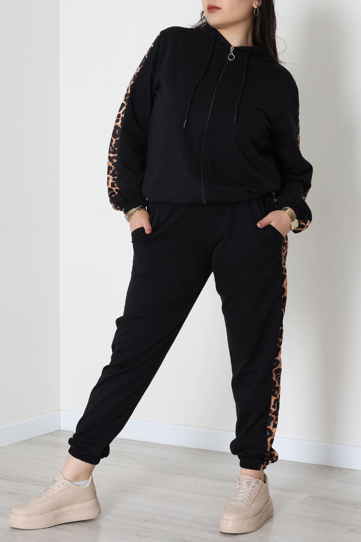 Şeritli 2 İplik Büyük Beden Eşofman Takımı Siyah - 50806.1857.