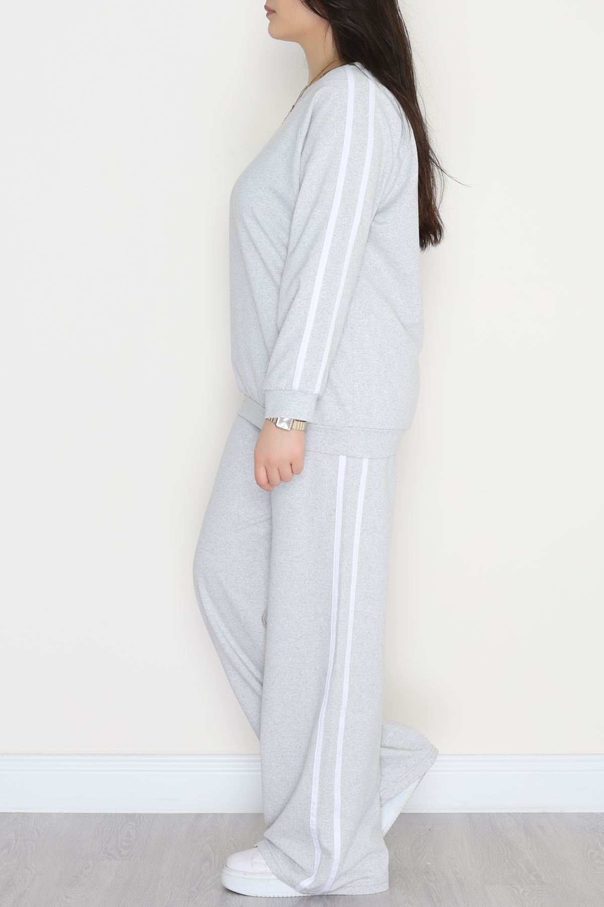 Şeritli 2 İplik Büyük Beden Eşofman Takımı Gri - 50787.1857.