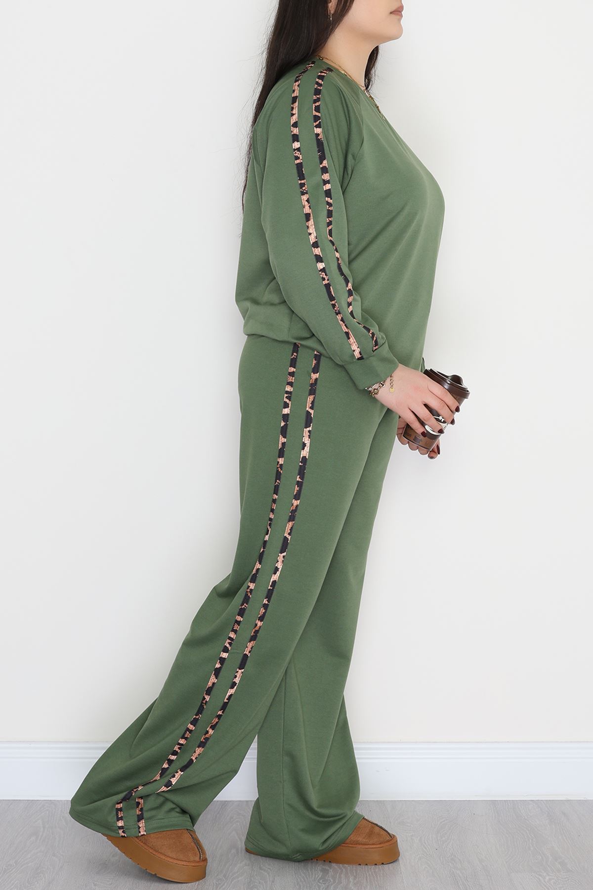 Şeritli 2 İplik Büyük Beden Eşofman Takımı Haki - 50784.1857.