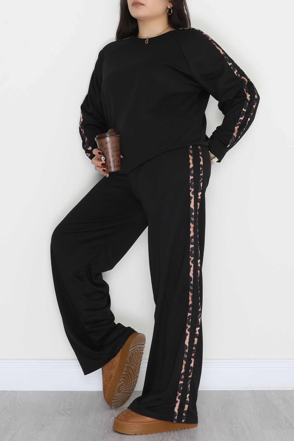 Şeritli 2 İplik Büyük Beden Eşofman Takımı Siyah - 50784.1857.