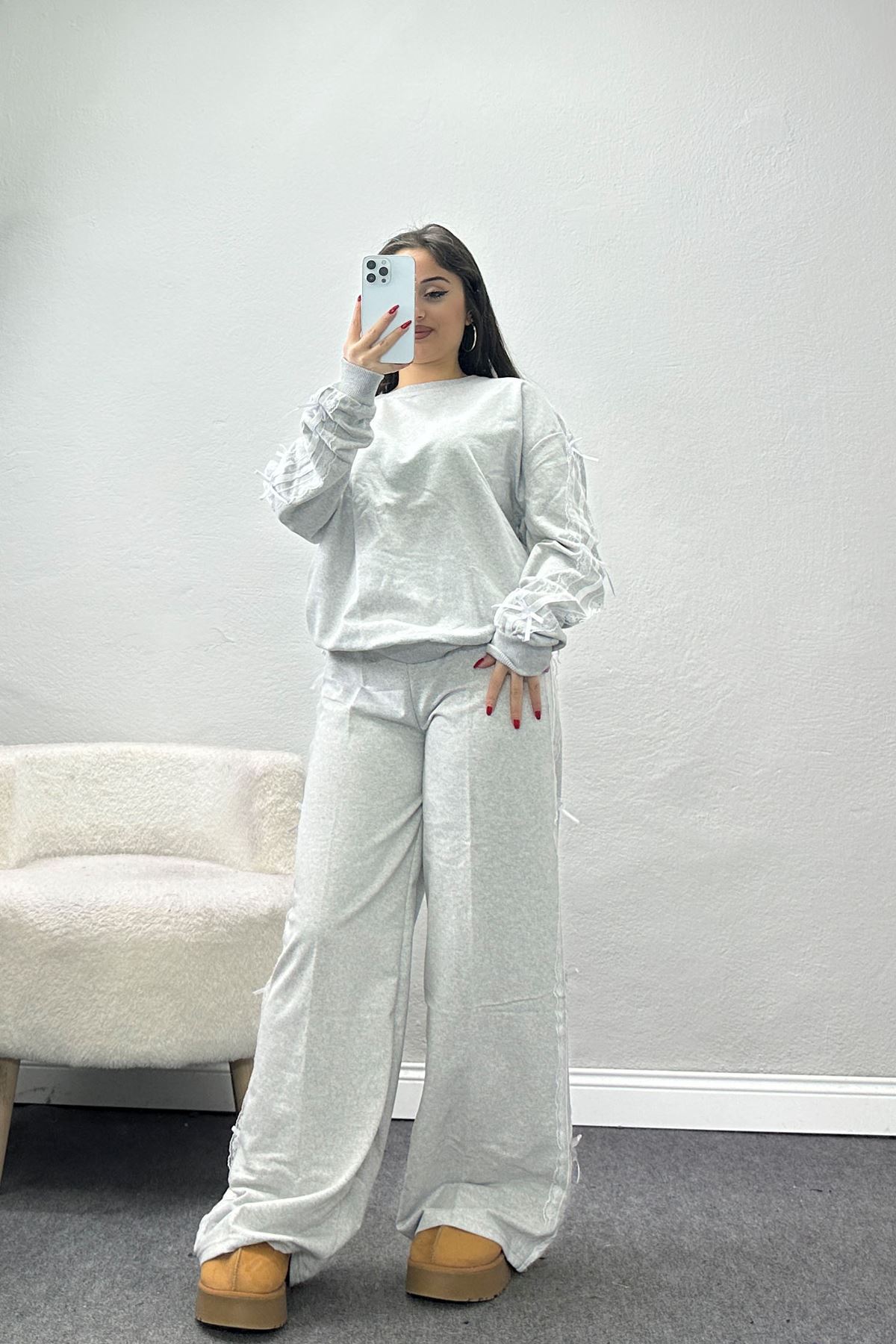 Dantel Şeritli 2 İplik Eşofman Takımı Gri - 50801.1857.