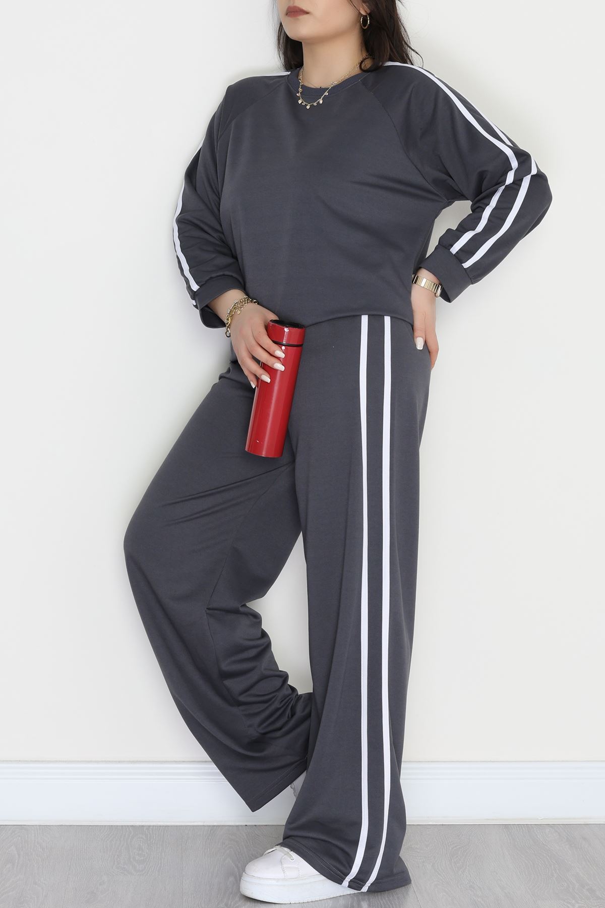 Şeritli 2 İplik Büyük Beden Eşofman Takımı Füme - 50787.1857.