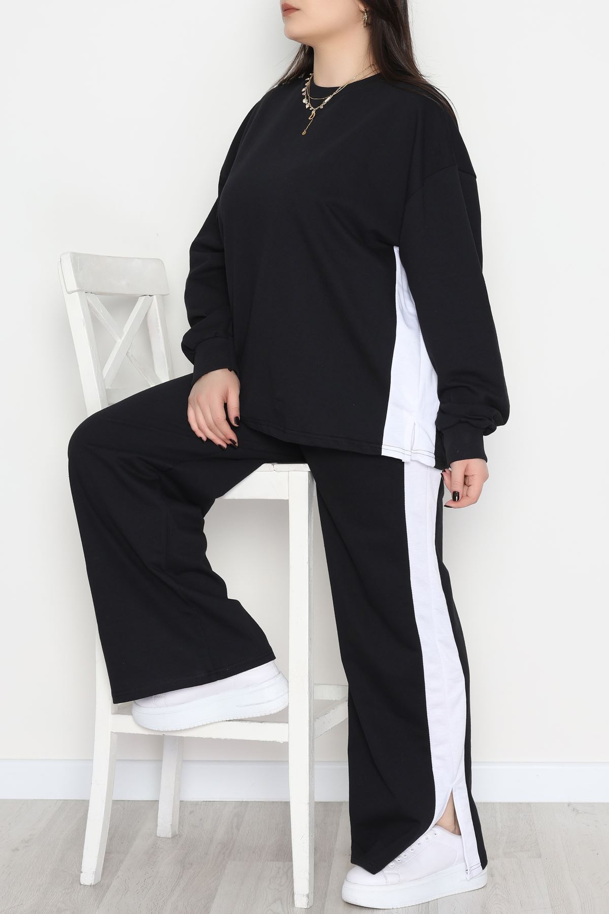 Şeritli 2 İplik Büyük Beden Eşofman Takımı Siyahbeyaz - 52047.1857.