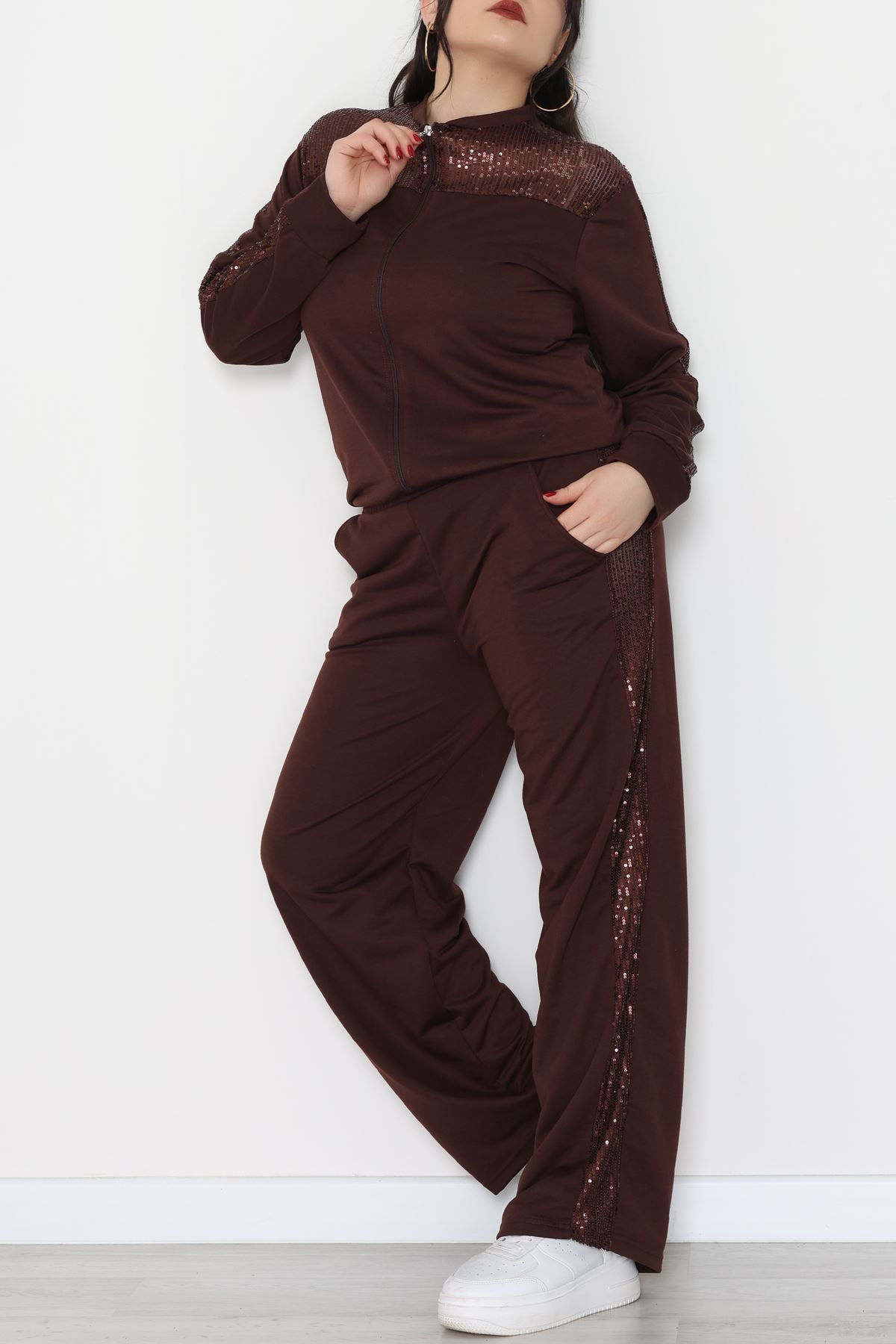 Pul Garnili 2 İplik Büyük Beden Eşofman Takımı Kahve - 52108.1567.