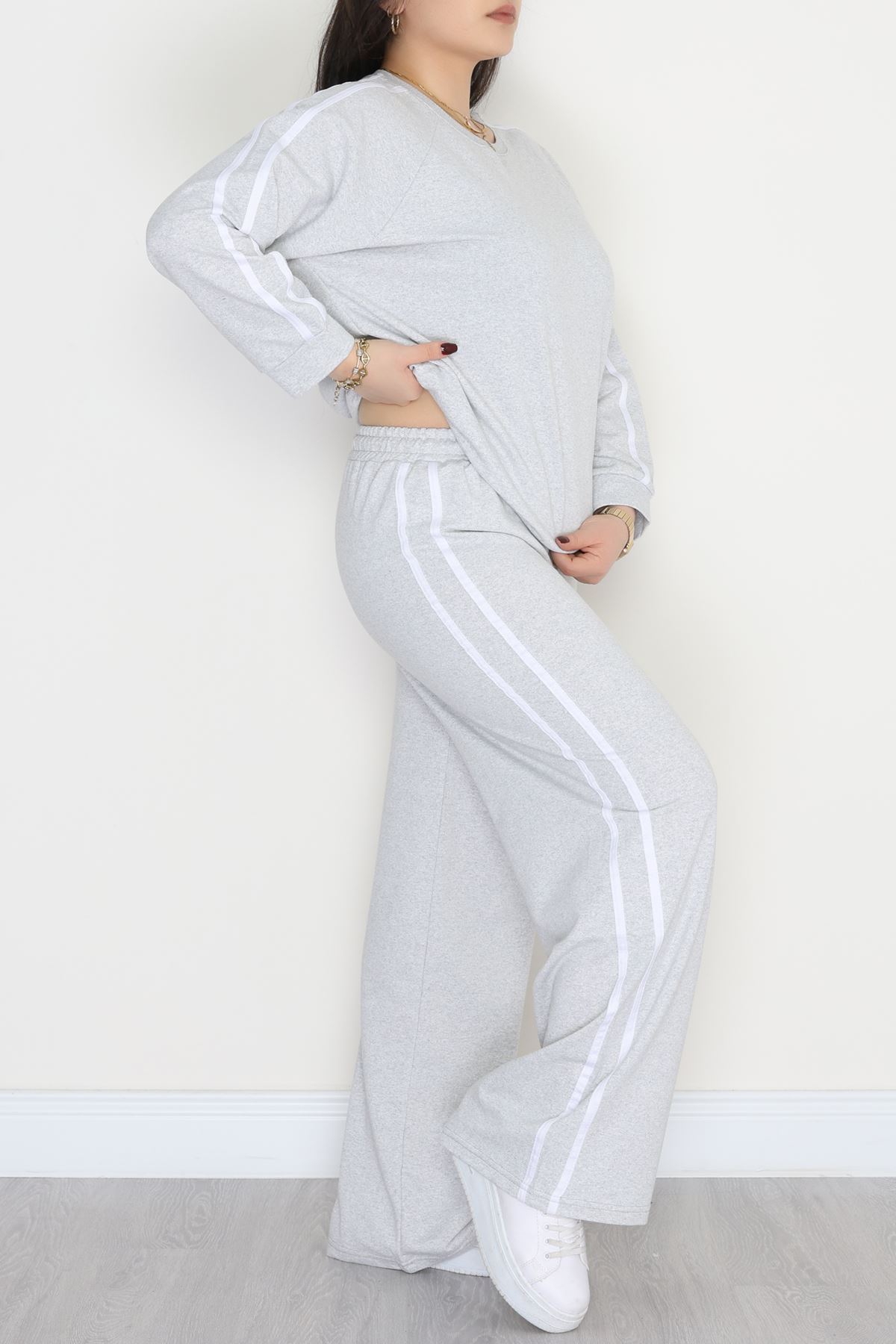 Şeritli 2 İplik Büyük Beden Eşofman Takımı Gri - 50787.1857.