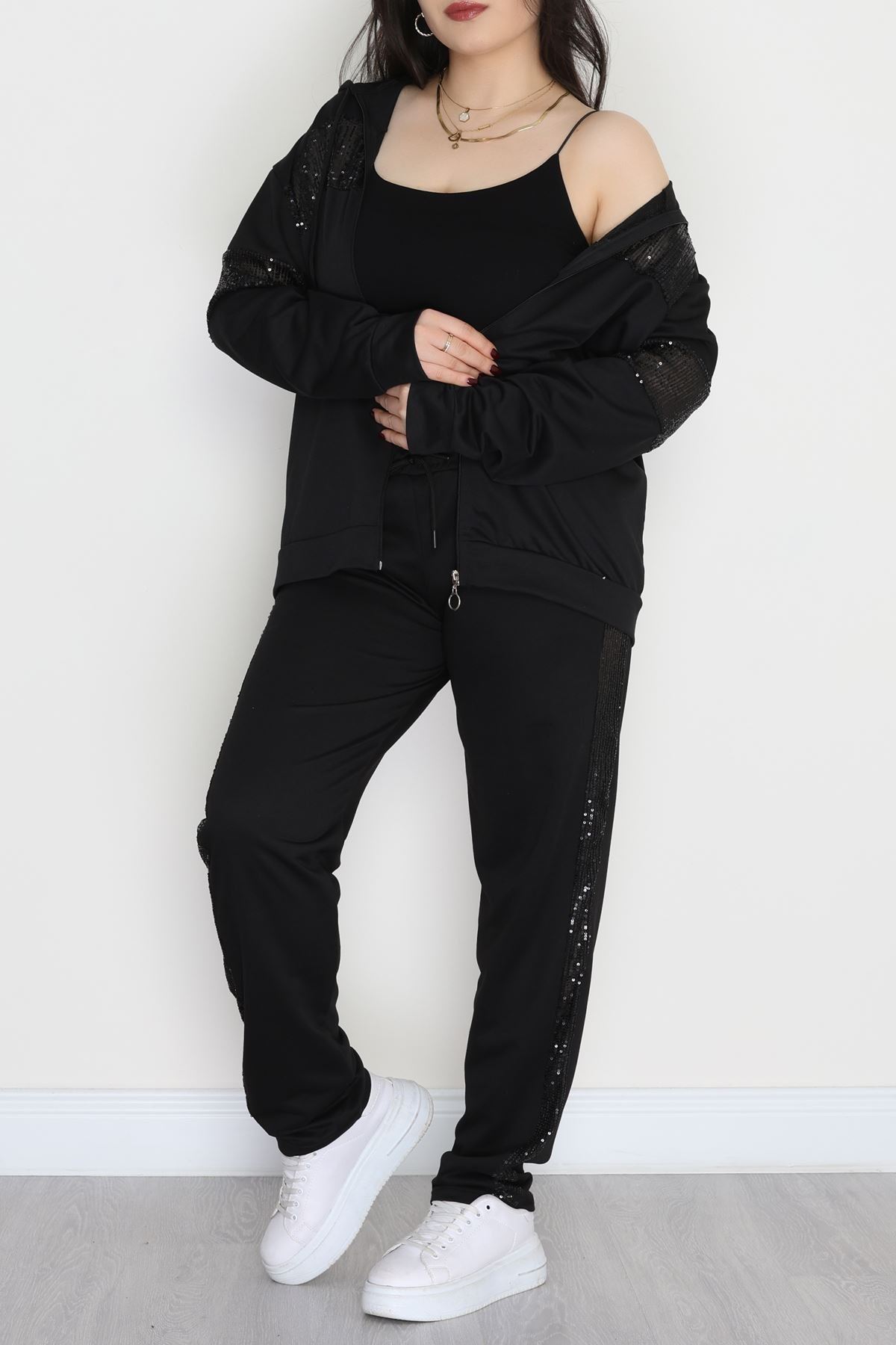 Pul Garnili 2 İplik Büyük Beden Eşofman Takımı Siyah - 50808.1857.