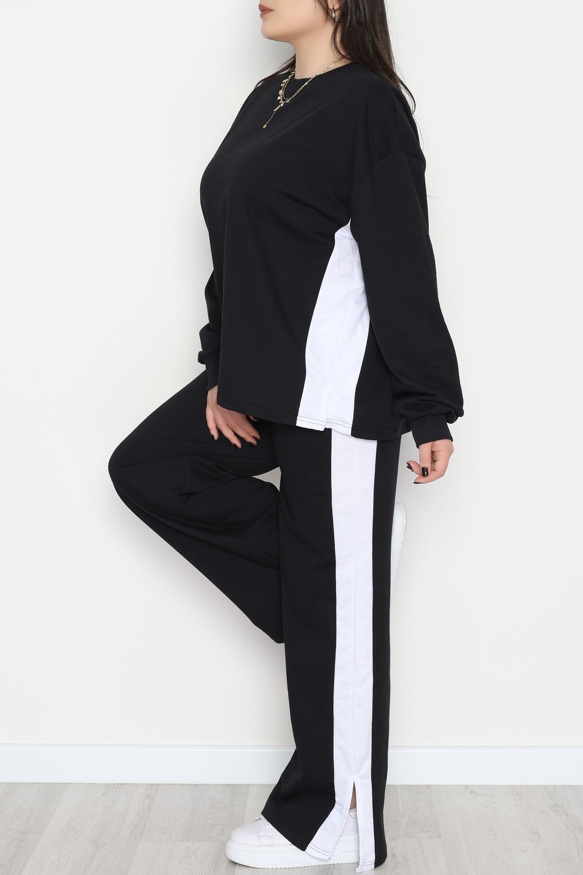 Şeritli 2 İplik Büyük Beden Eşofman Takımı Siyahbeyaz - 52047.1857.