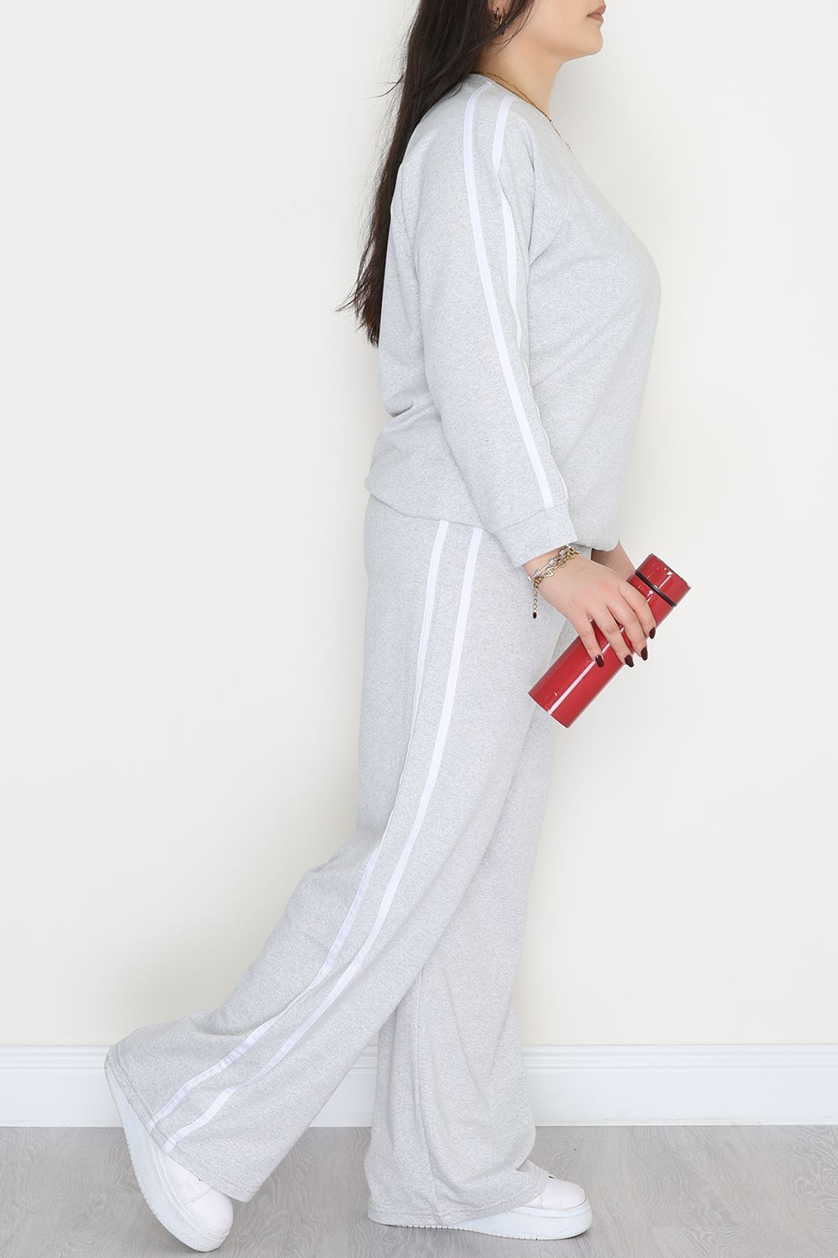 Şeritli 2 İplik Büyük Beden Eşofman Takımı Gri - 50787.1857.