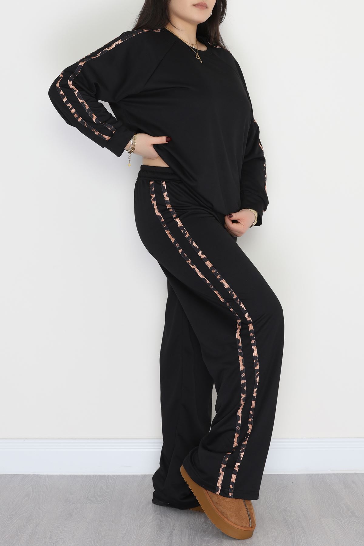 Şeritli 2 İplik Büyük Beden Eşofman Takımı Siyah - 50784.1857.