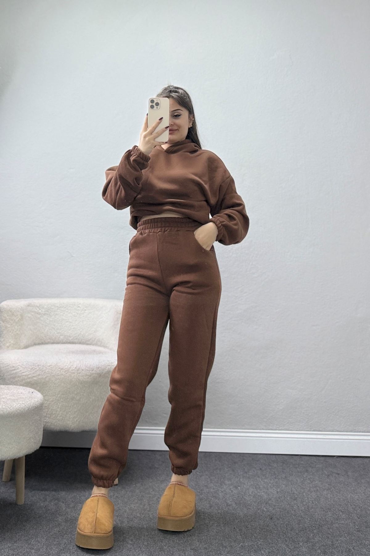 3 İplik Şardonlu Eşofman Takımı Kahve - 52049.1878.