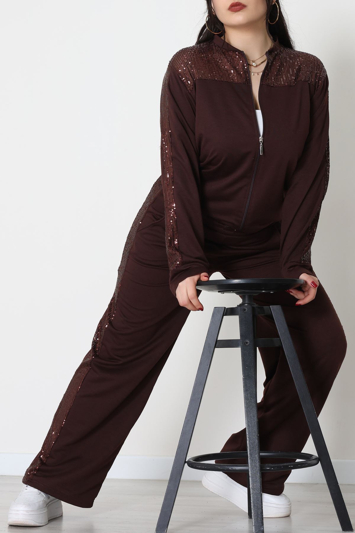 Pul Garnili 2 İplik Büyük Beden Eşofman Takımı Kahve - 52108.1567.