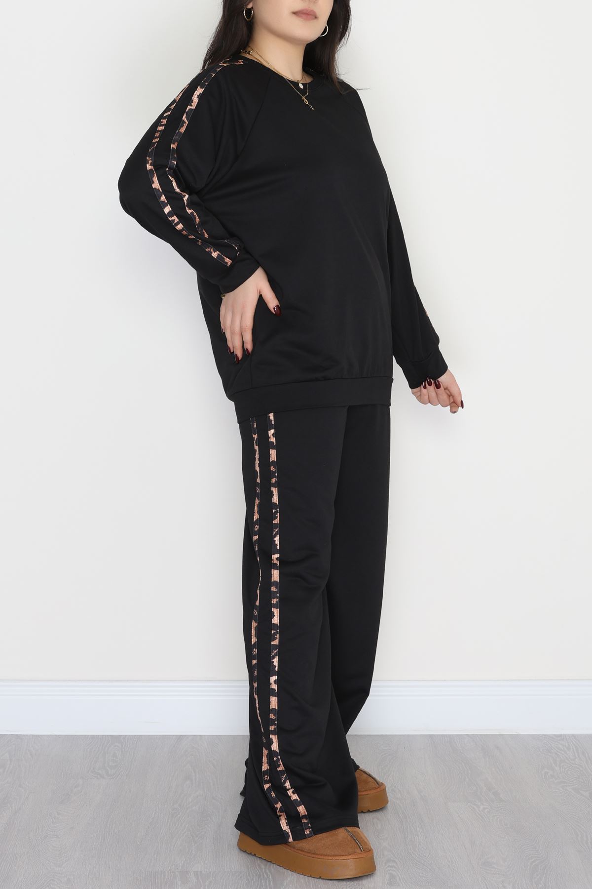 Şeritli 2 İplik Büyük Beden Eşofman Takımı Siyah - 50784.1857.