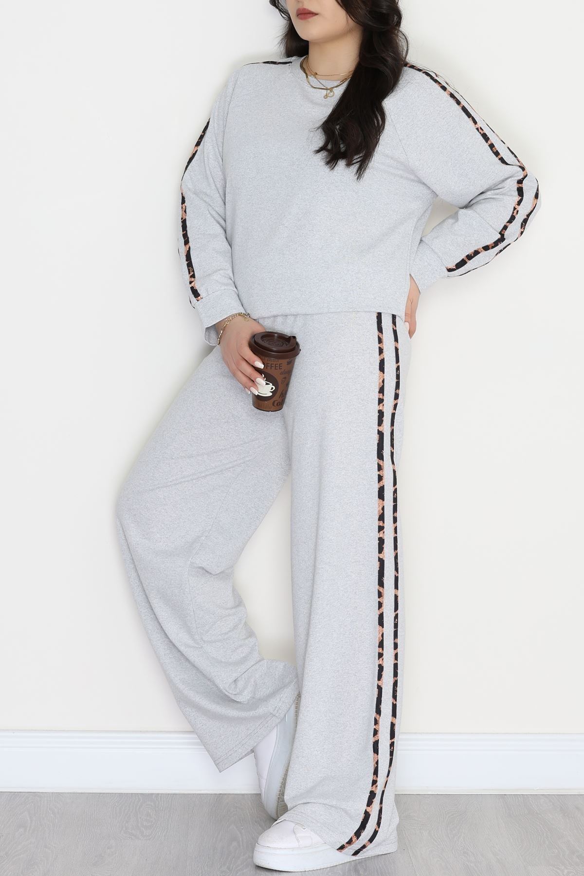 Şeritli 2 İplik Büyük Beden Eşofman Takımı Gri - 50784.1857.