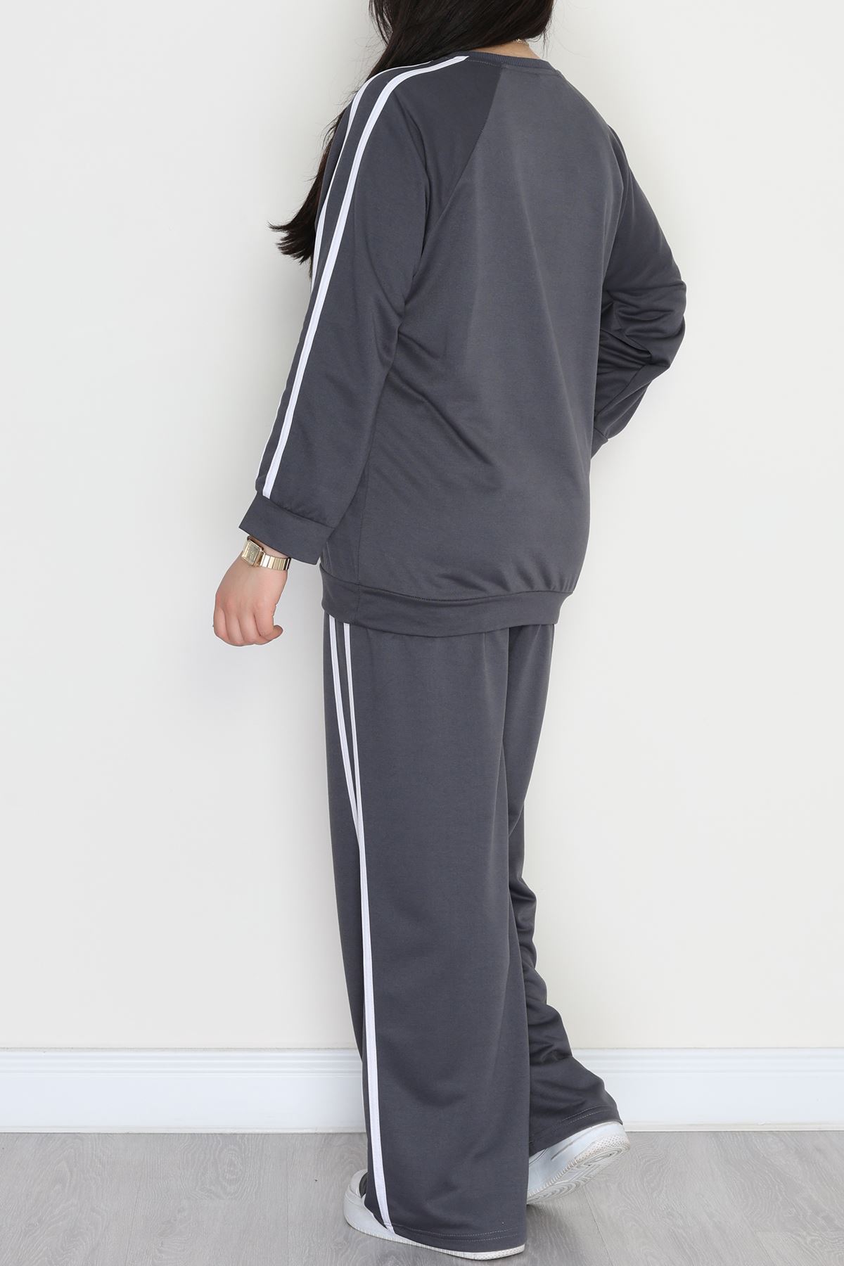 Şeritli 2 İplik Büyük Beden Eşofman Takımı Füme - 50787.1857.