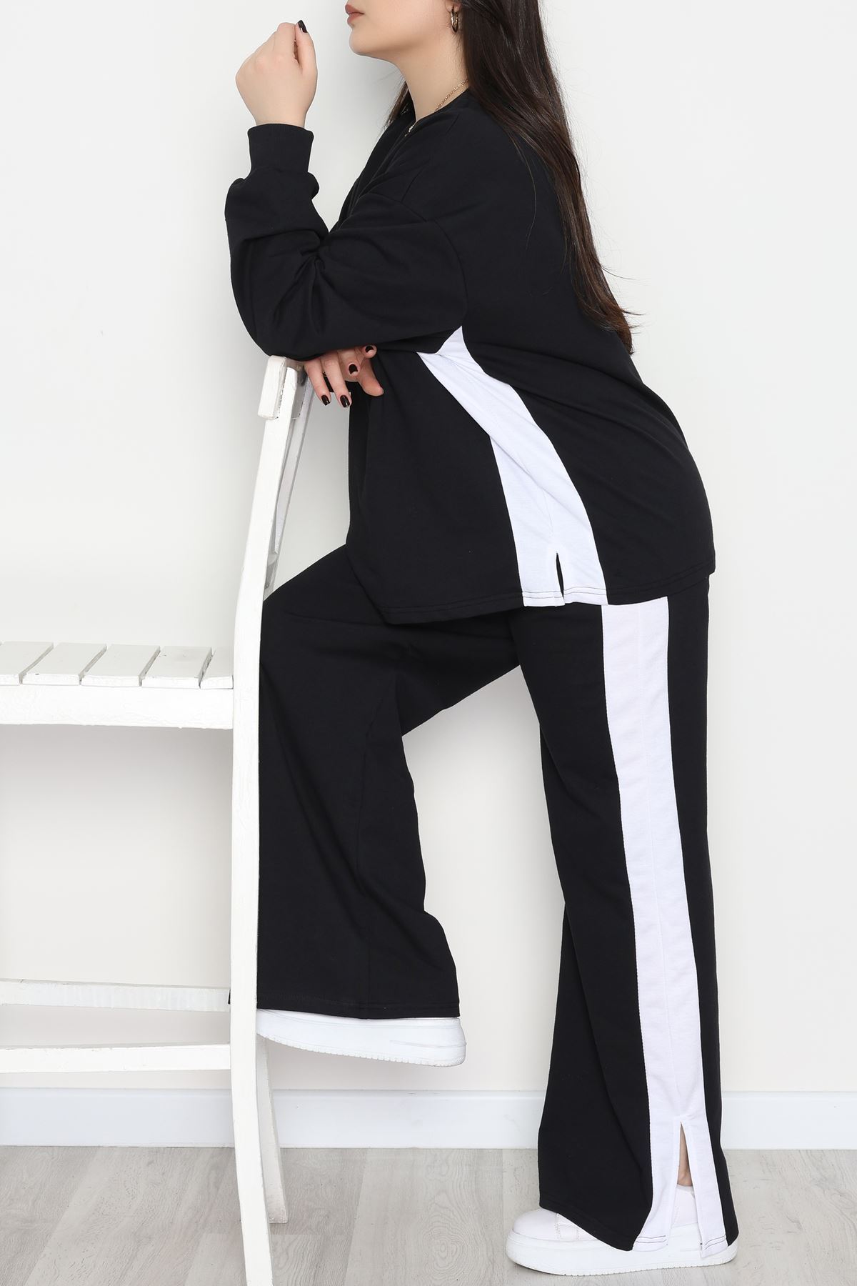 Şeritli 2 İplik Büyük Beden Eşofman Takımı Siyahbeyaz - 52047.1857.