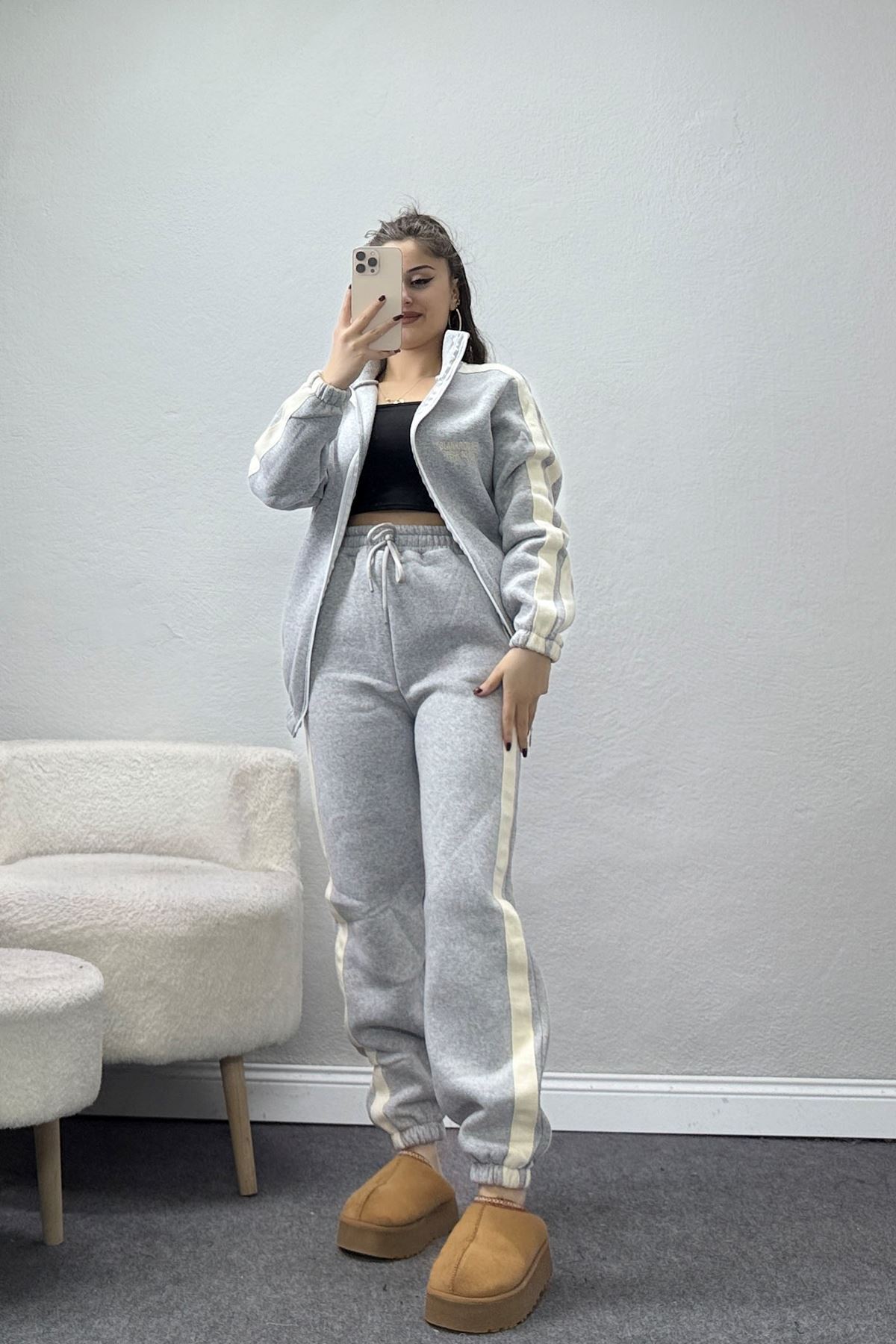 3 İplik Keten Şeritli Eşofman Takım Gri - 40017.1857.