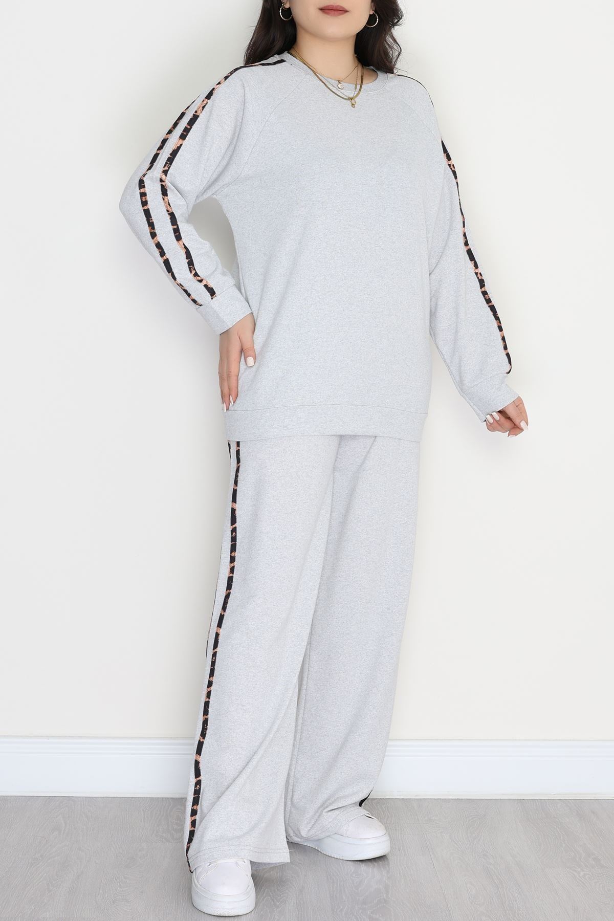 Şeritli 2 İplik Büyük Beden Eşofman Takımı Gri - 50784.1857.