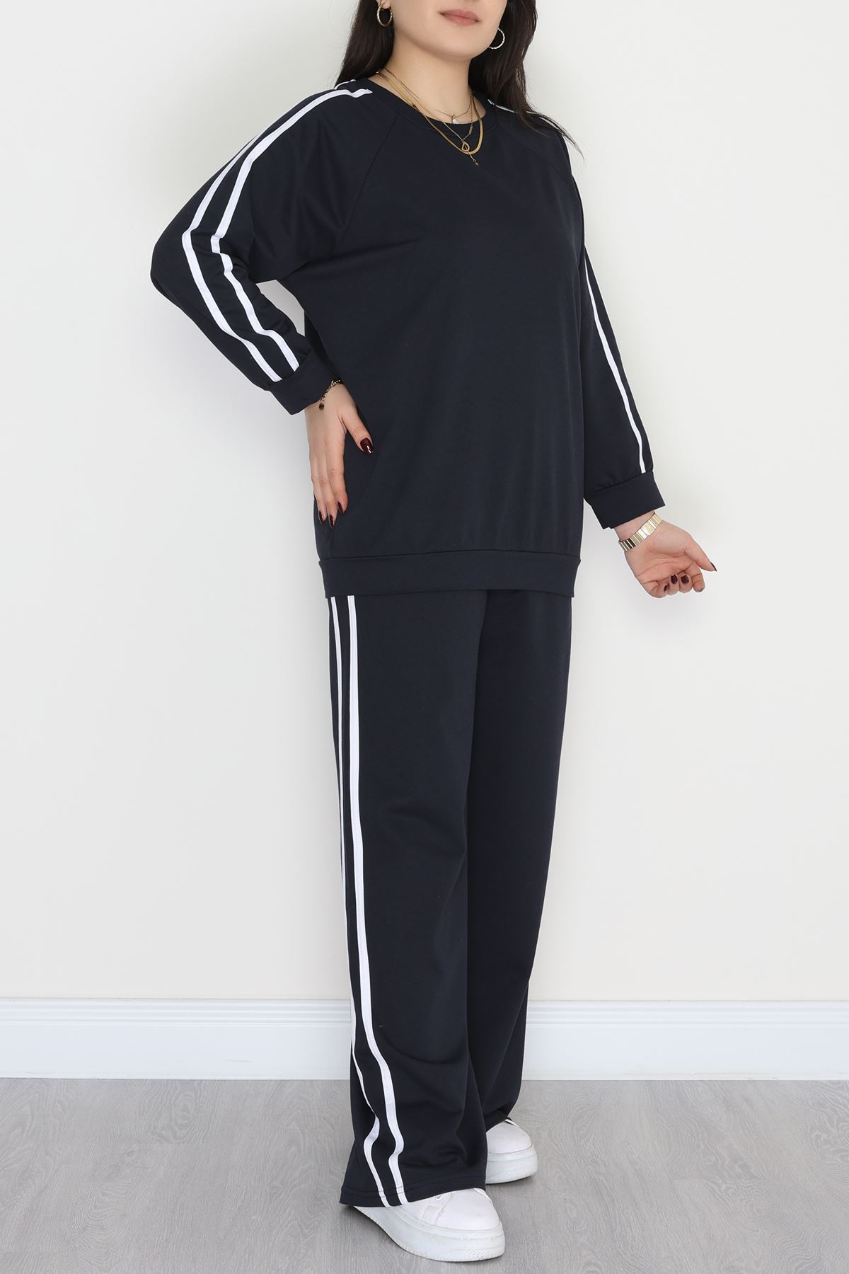 Şeritli 2 İplik Büyük Beden Eşofman Takımı Lacivert - 50787.1857.