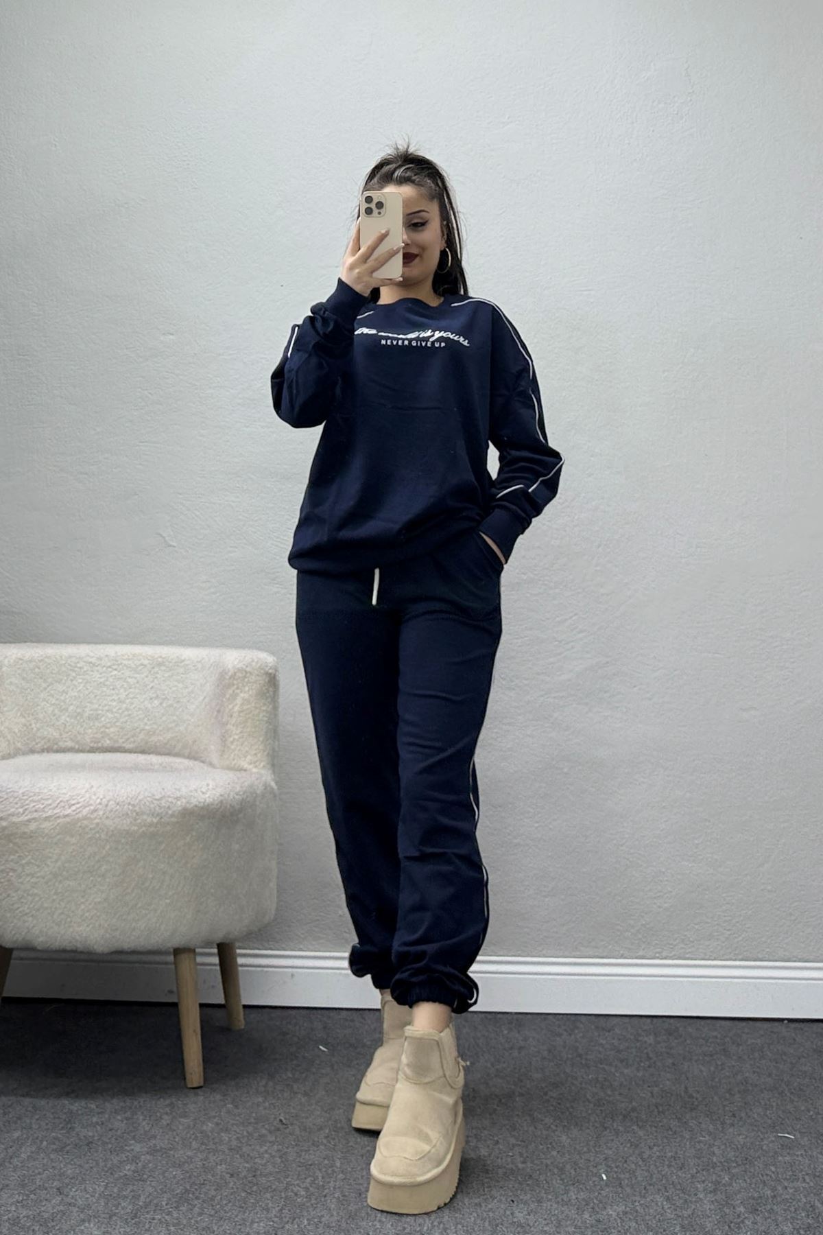 Baskılı Biyeli Eşofman Takımı Lacivertbeyaz - 20075.1857.