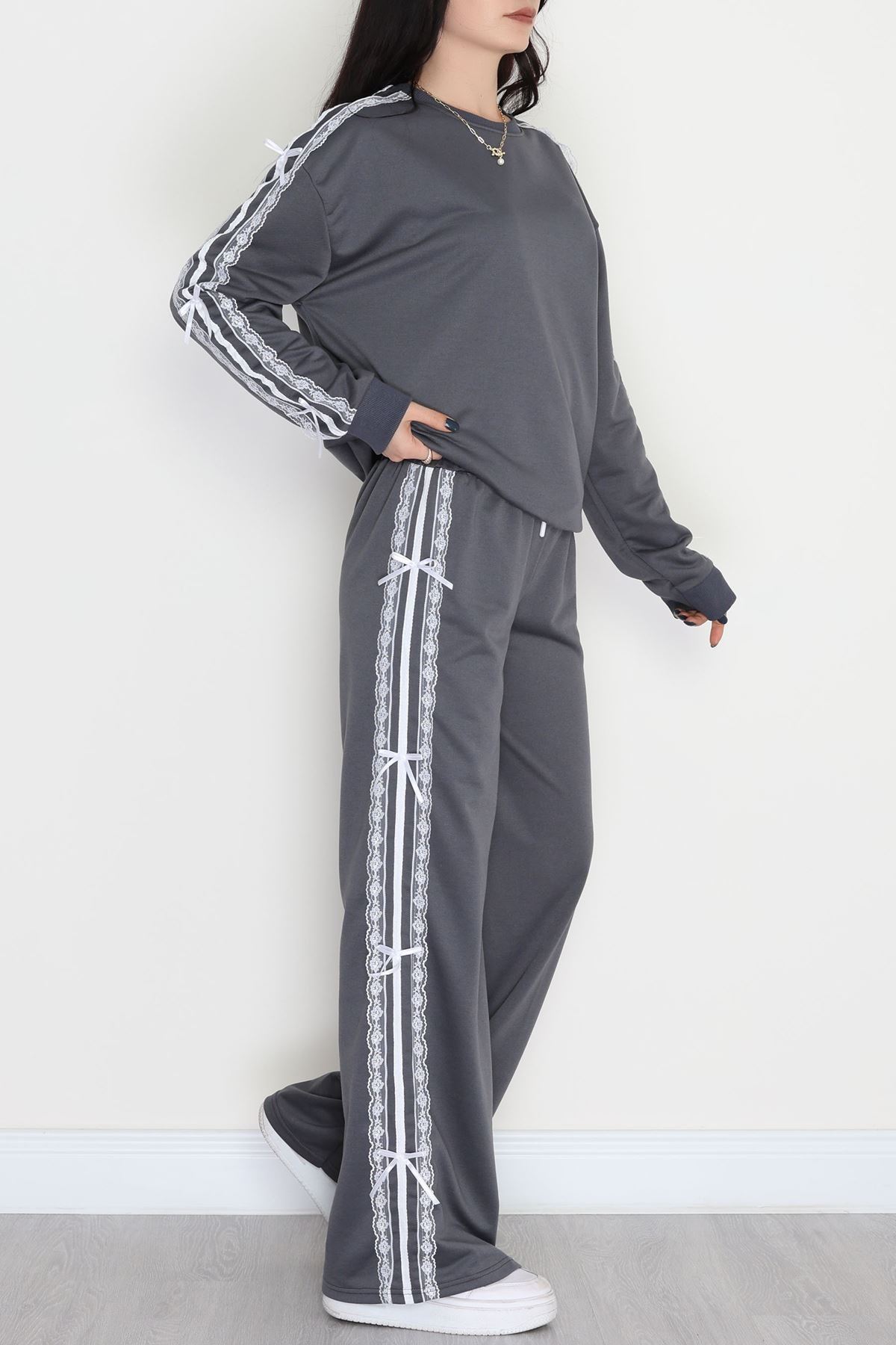 Dantel Şeritli 2 İplik Eşofman Takımı Füme - 50801.1857.