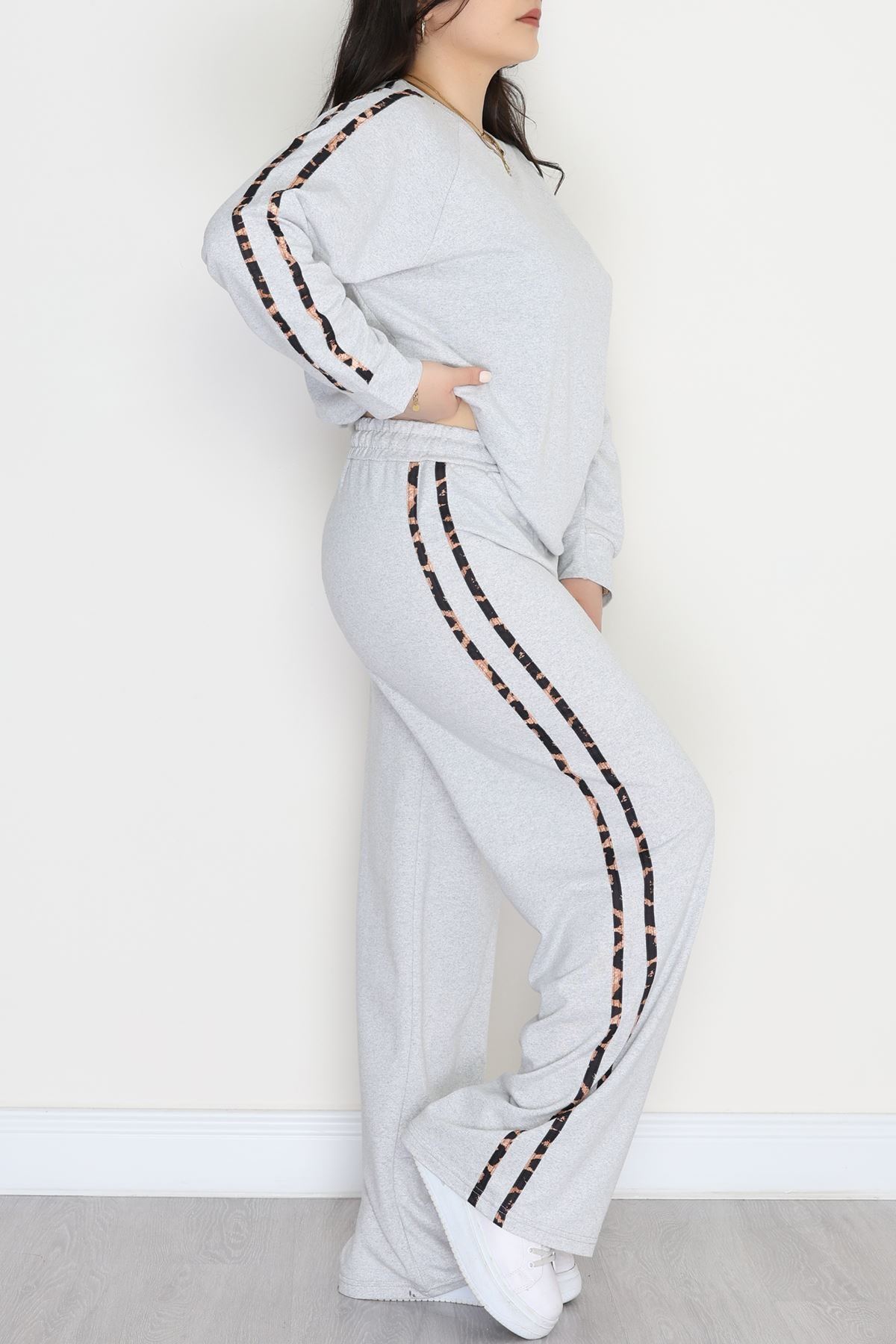 Şeritli 2 İplik Büyük Beden Eşofman Takımı Gri - 50784.1857.