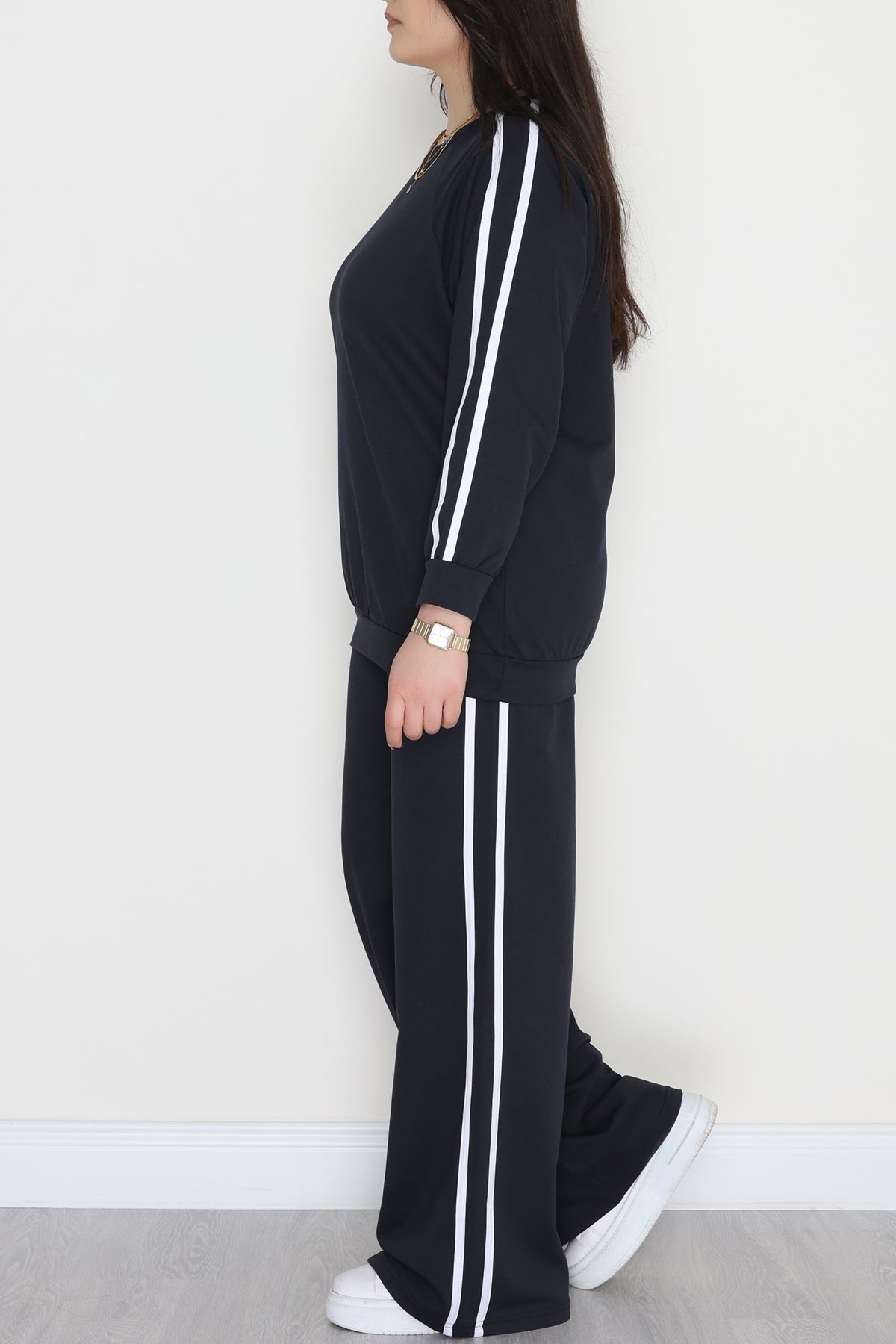 Şeritli 2 İplik Büyük Beden Eşofman Takımı Lacivert - 50787.1857.