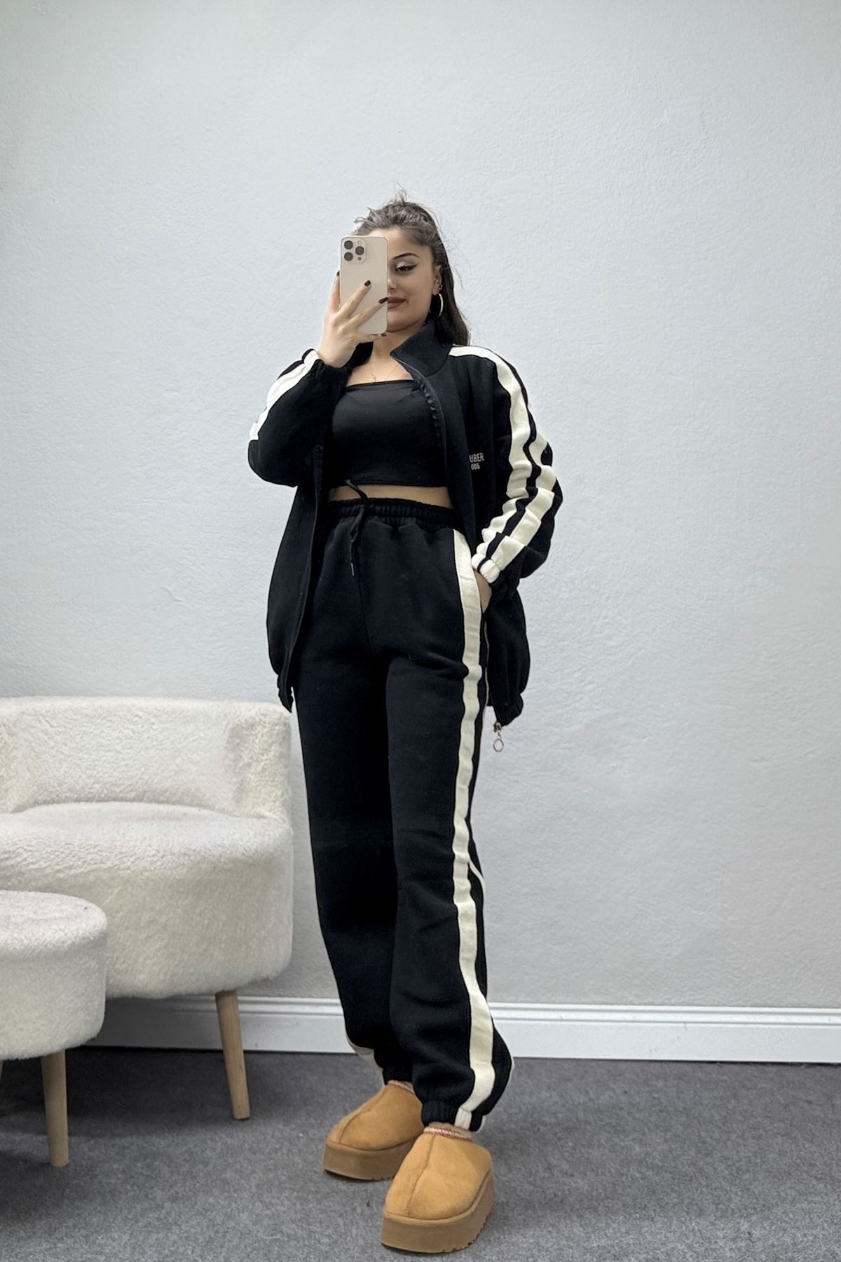 3 İplik Keten Şeritli Eşofman Takım Siyah - 40017.1857.