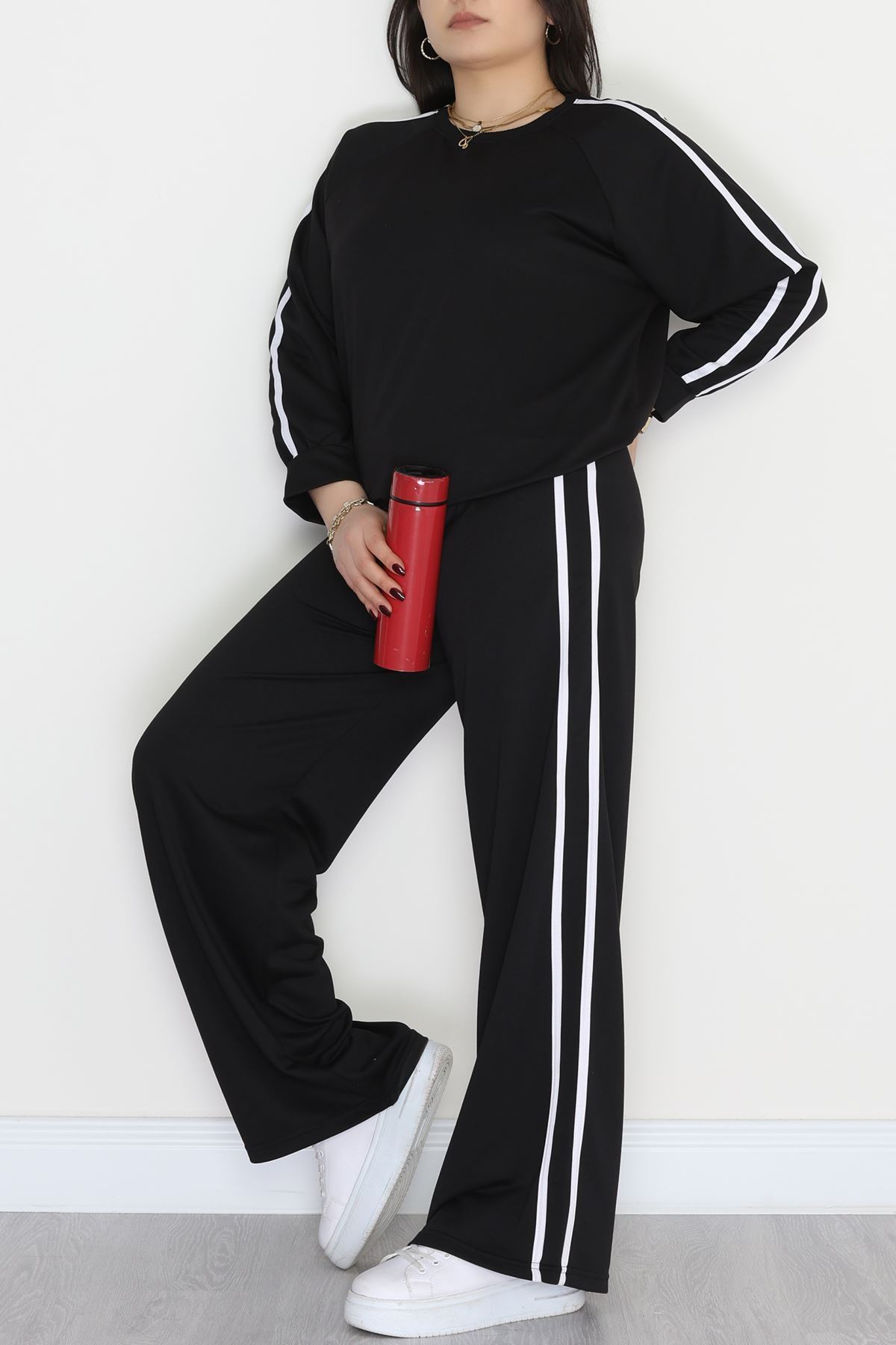 Şeritli 2 İplik Büyük Beden Eşofman Takımı Siyah - 50787.1857.