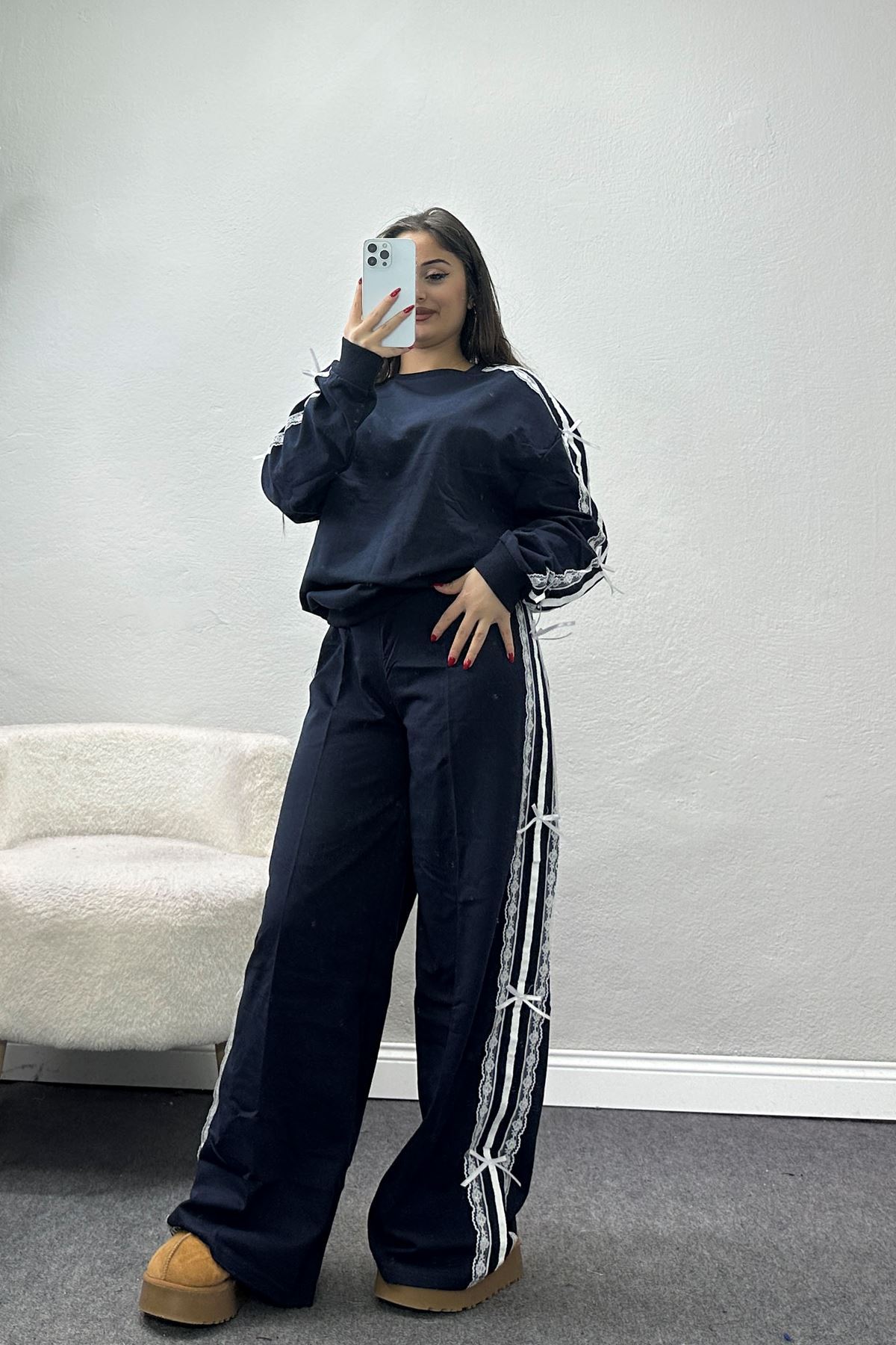 Dantel Şeritli 2 İplik Eşofman Takımı Lacivert - 50801.1857.