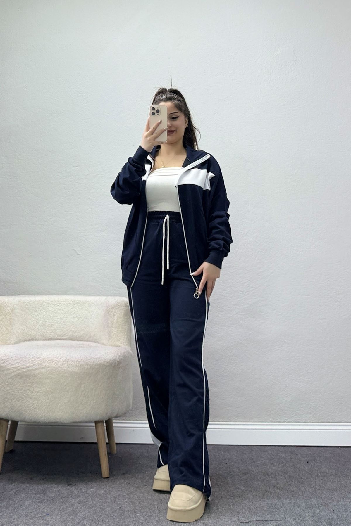 Garnili Fermuarlı 2 İplik Eşofman Takımı Lacibeyaz - 50790.1857.