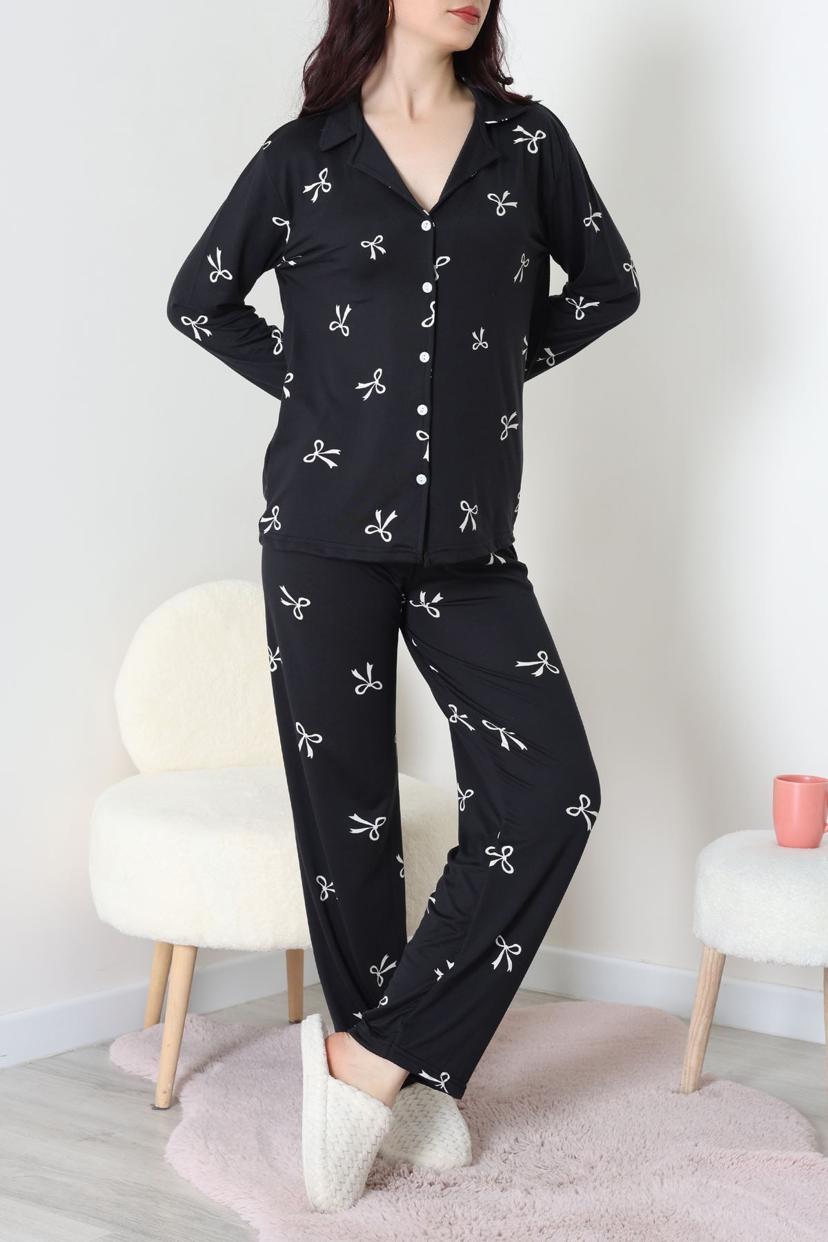 Soft Milan Düğmeli Pijama Takımı Siyahbeyaz - 7511.1287.