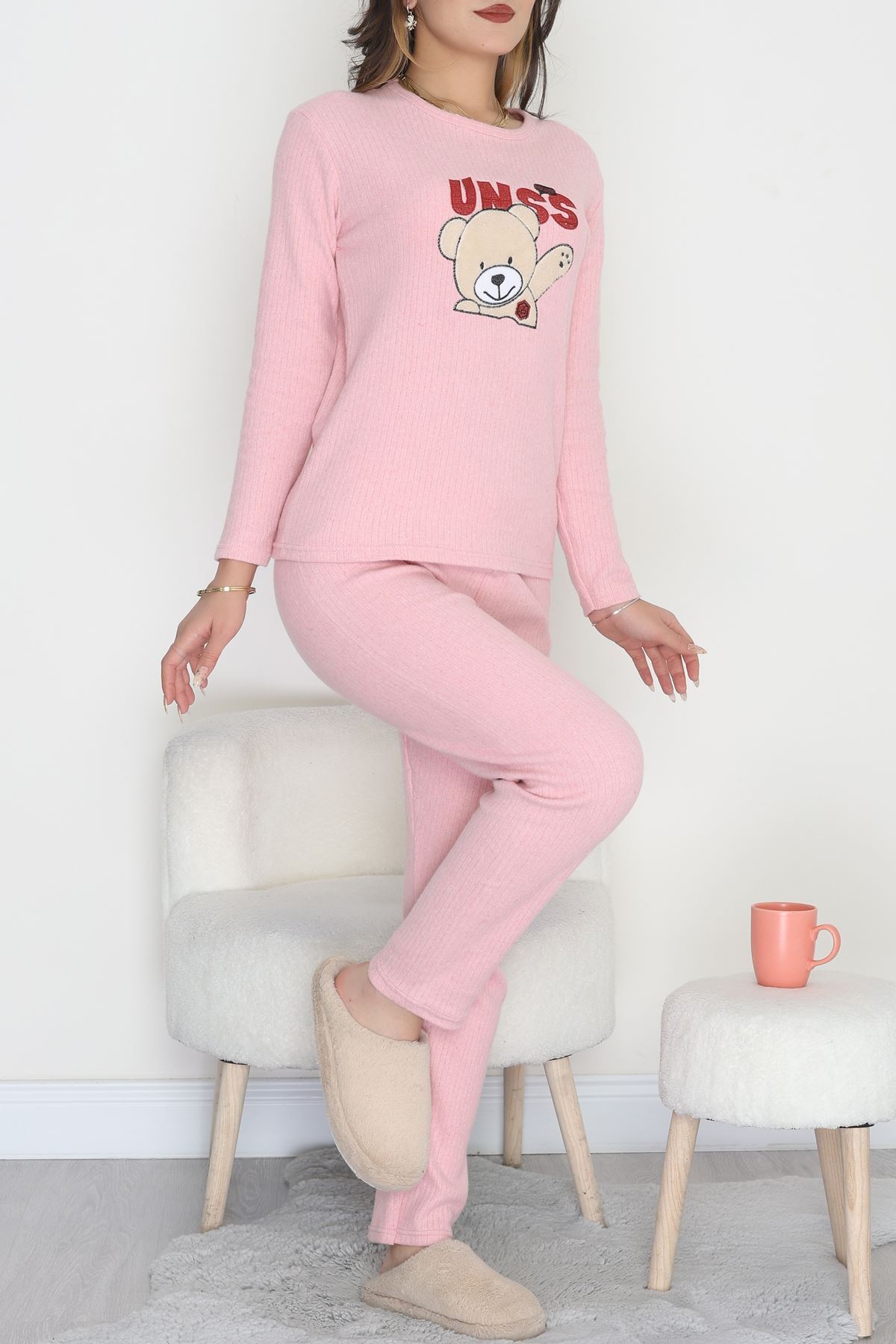 Nakışlı İnterlok Pijama Takımı Pudrabej - 800.1287.