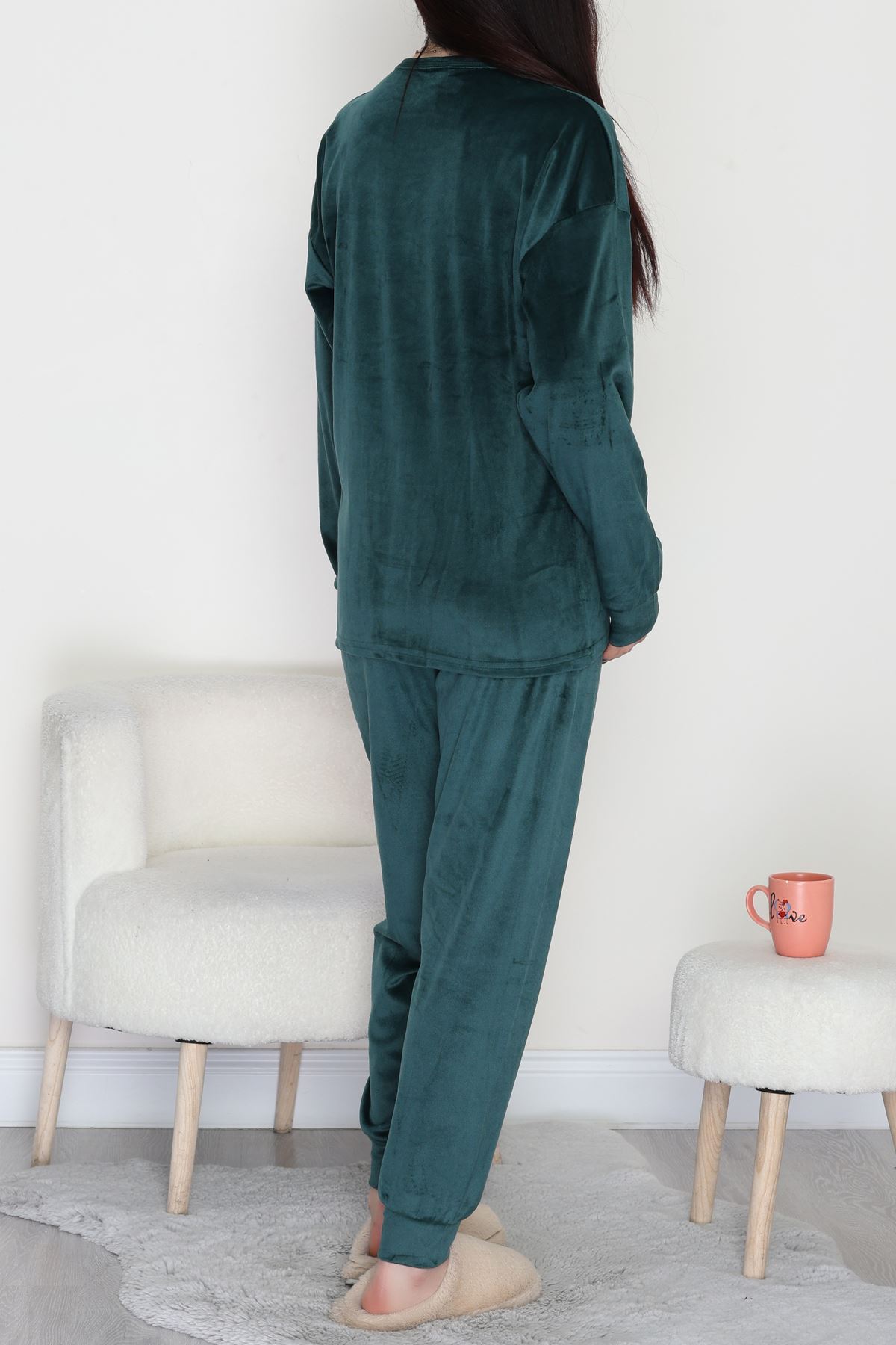 Likralı Fransız Kadife Pijama Takımı Zümrüt - 42068.1049.