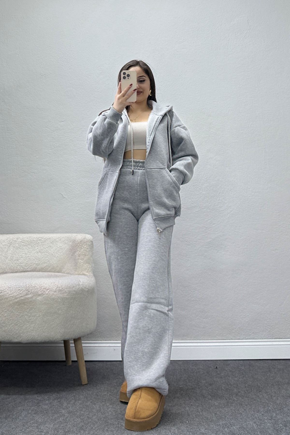 3 İplik Şardonlu Eşofman Takımı Gri - 20254.1878.