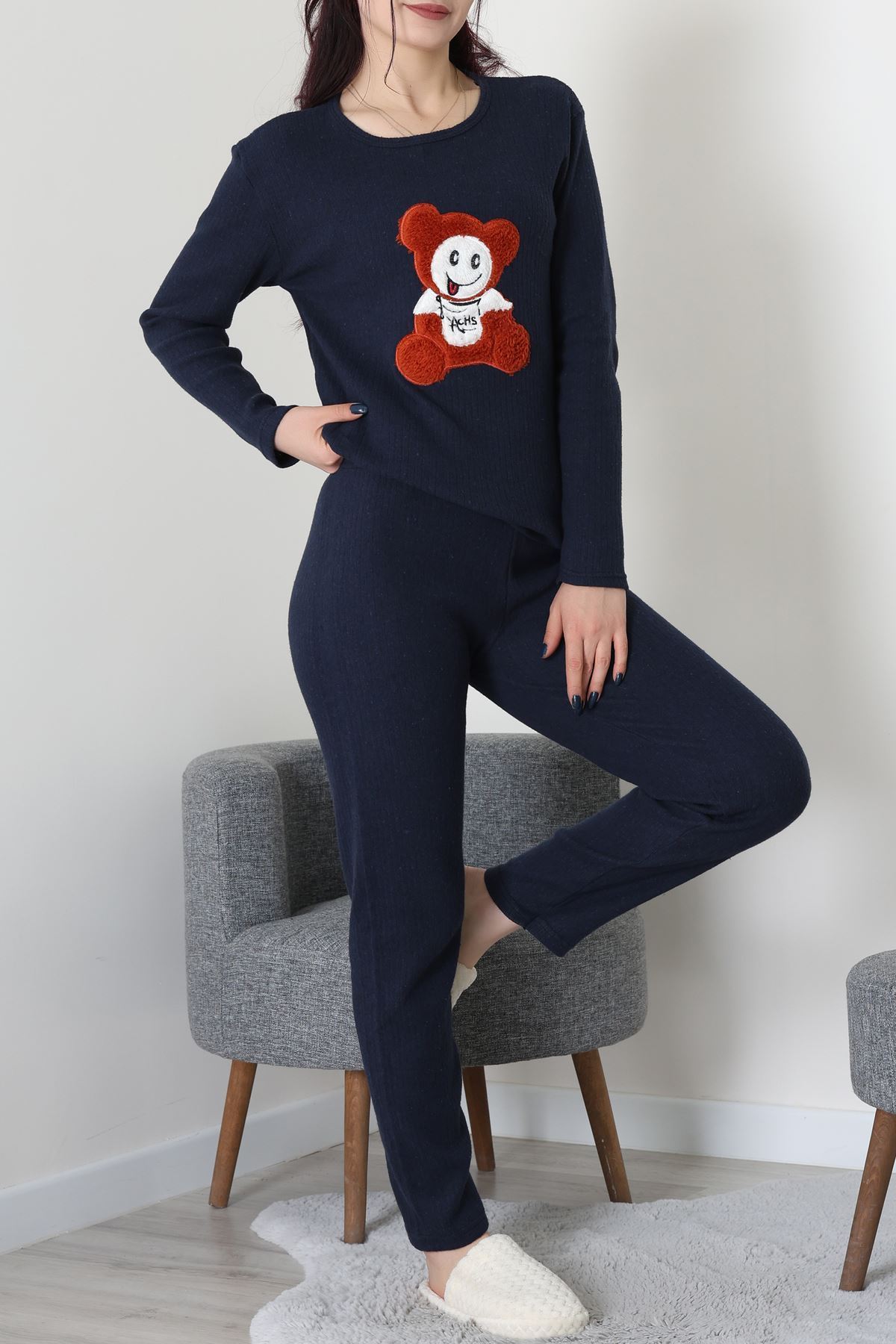 Nakışlı İnterlok Pijama Takımı Lacivertoranj - 800.1287.