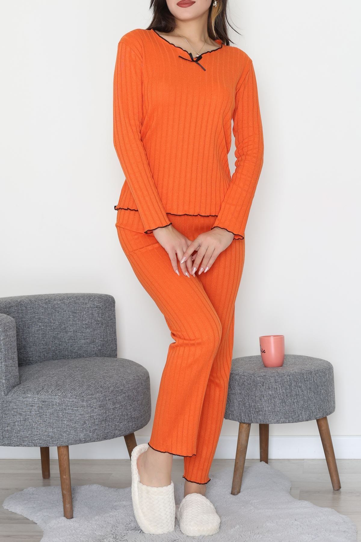 Fitilli İnterlok Pijama Takımı Oranj - 70796.1048.