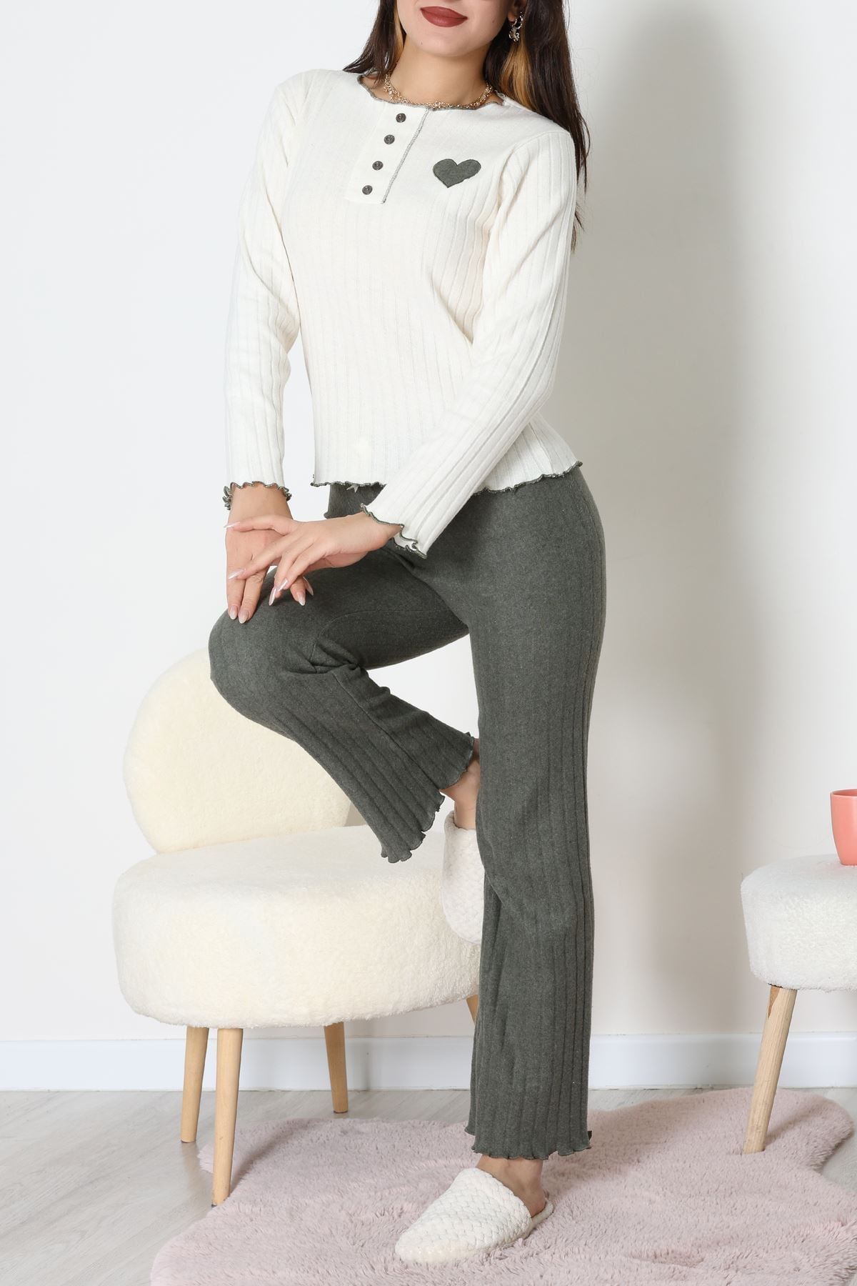 Fitilli İnterlok Pijama Takımı Haki - 52191.1961.