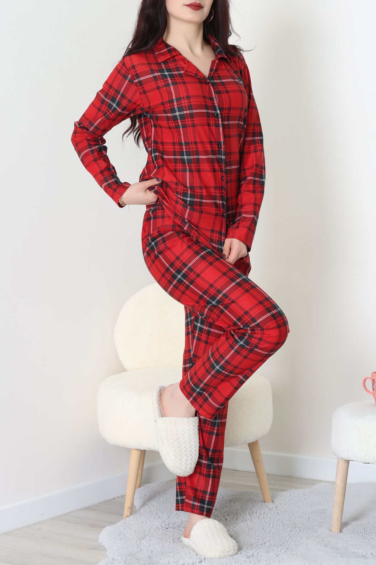 Süet Düğmeli Pijama Takımı Kırmızıekose - 52171.1050.