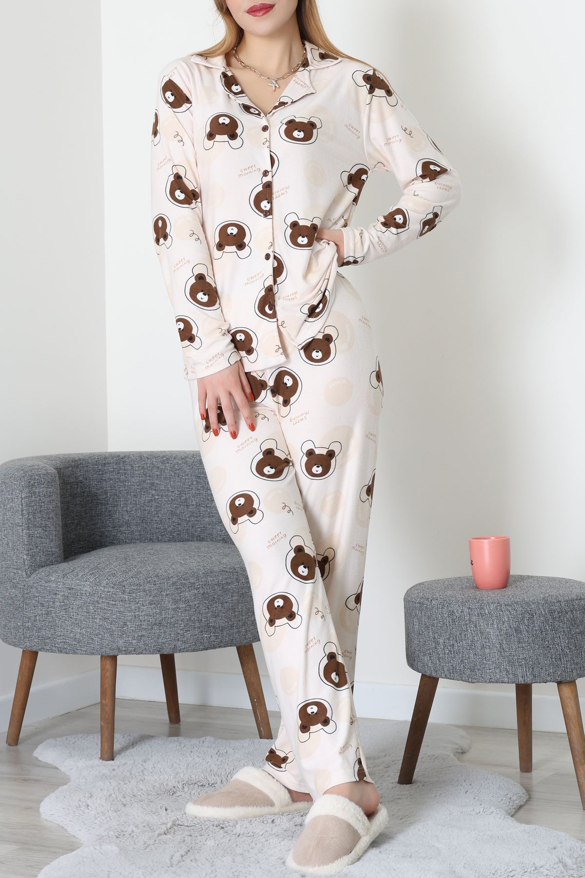 Düğmeli Süet Takım Koyukahvebej - 450.1287.