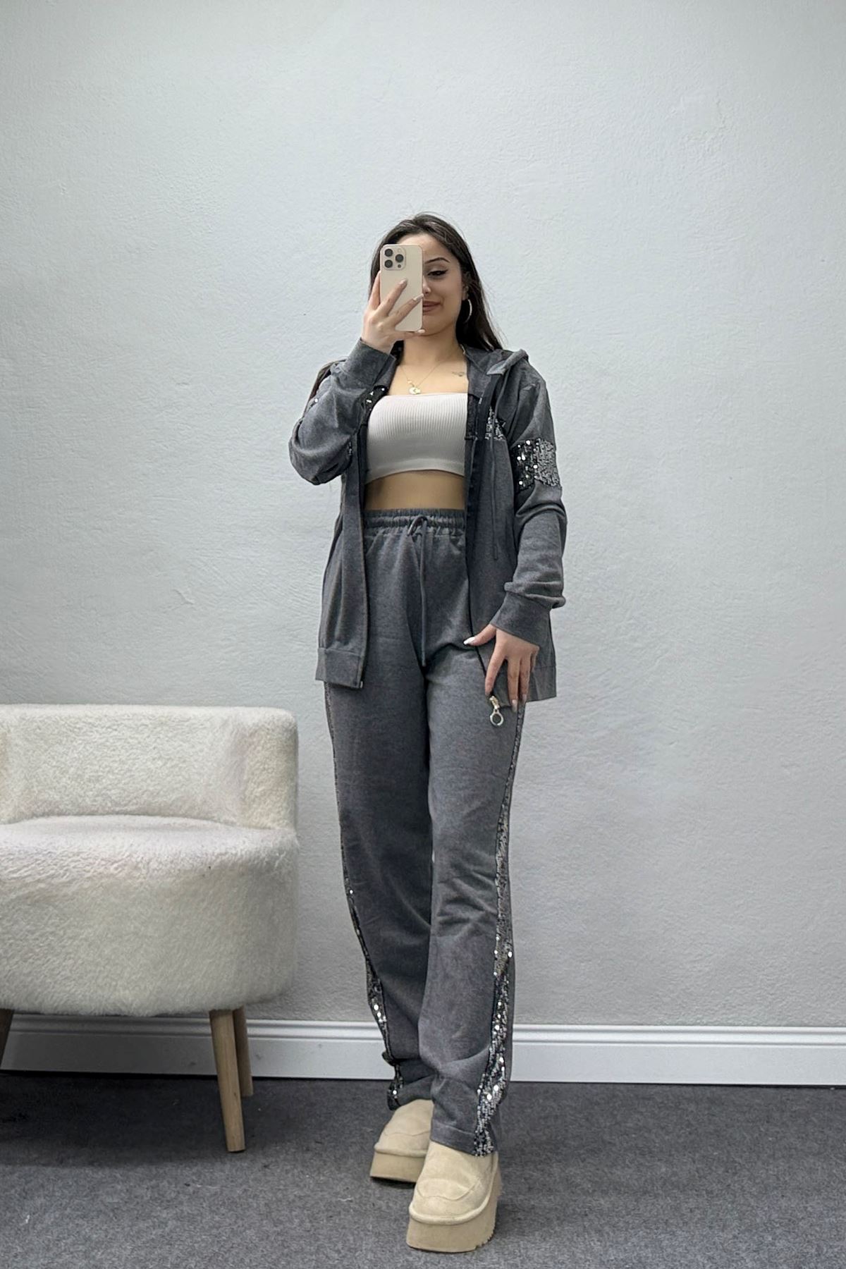 Pul Garnili 2 İplik Eşofman Takımı Füme - 50800.1857.