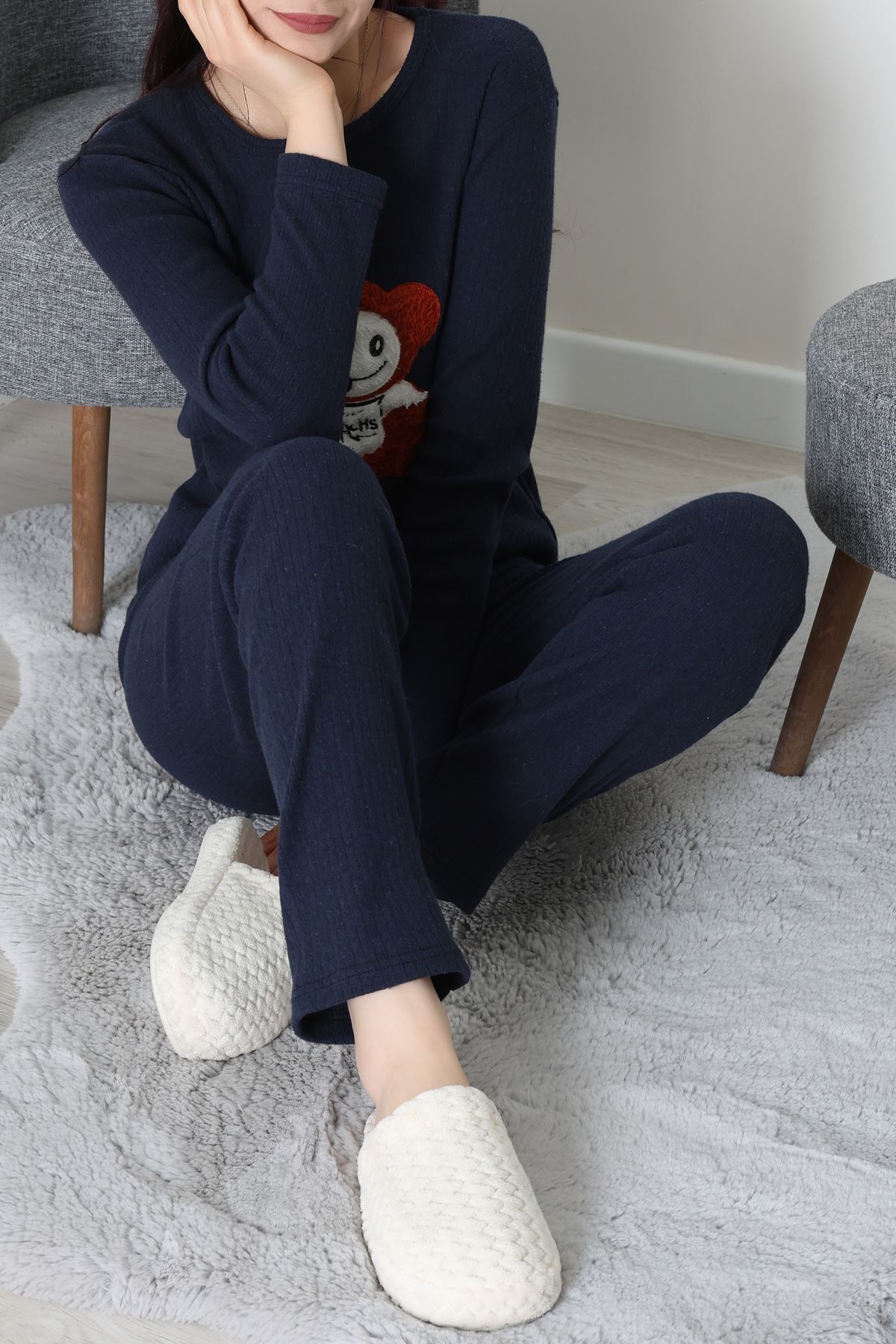 Nakışlı İnterlok Pijama Takımı Lacivertoranj - 800.1287.