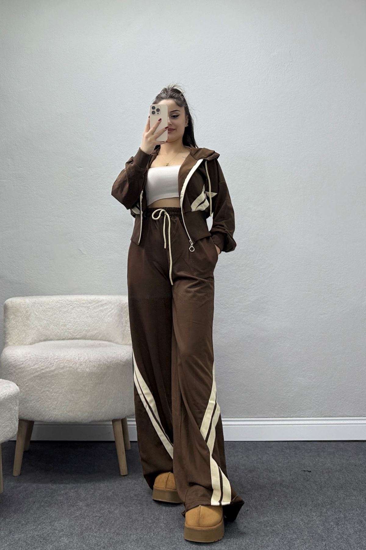 Keten Şeritli 2 İplik Eşofman Takımı Kahvebej - 52079.1857.