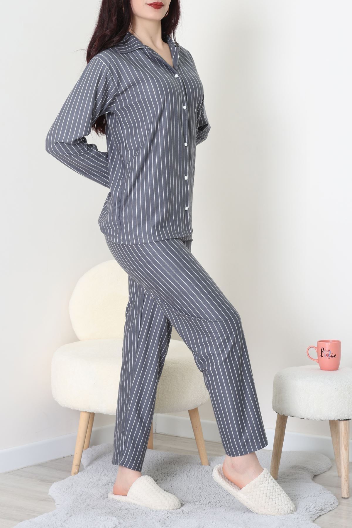 Süet Düğmeli Pijama Takımı Füme - 52179.2124.