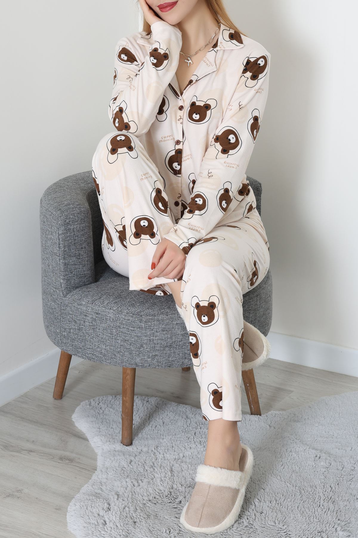 Düğmeli Süet Takım Koyukahvebej - 450.1287.