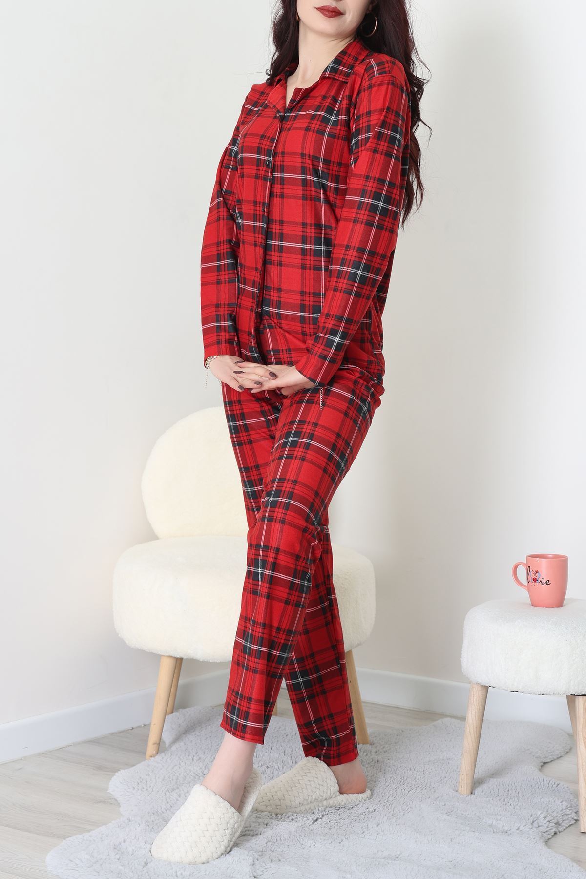 Süet Düğmeli Pijama Takımı Kırmızıekose - 52171.1050.