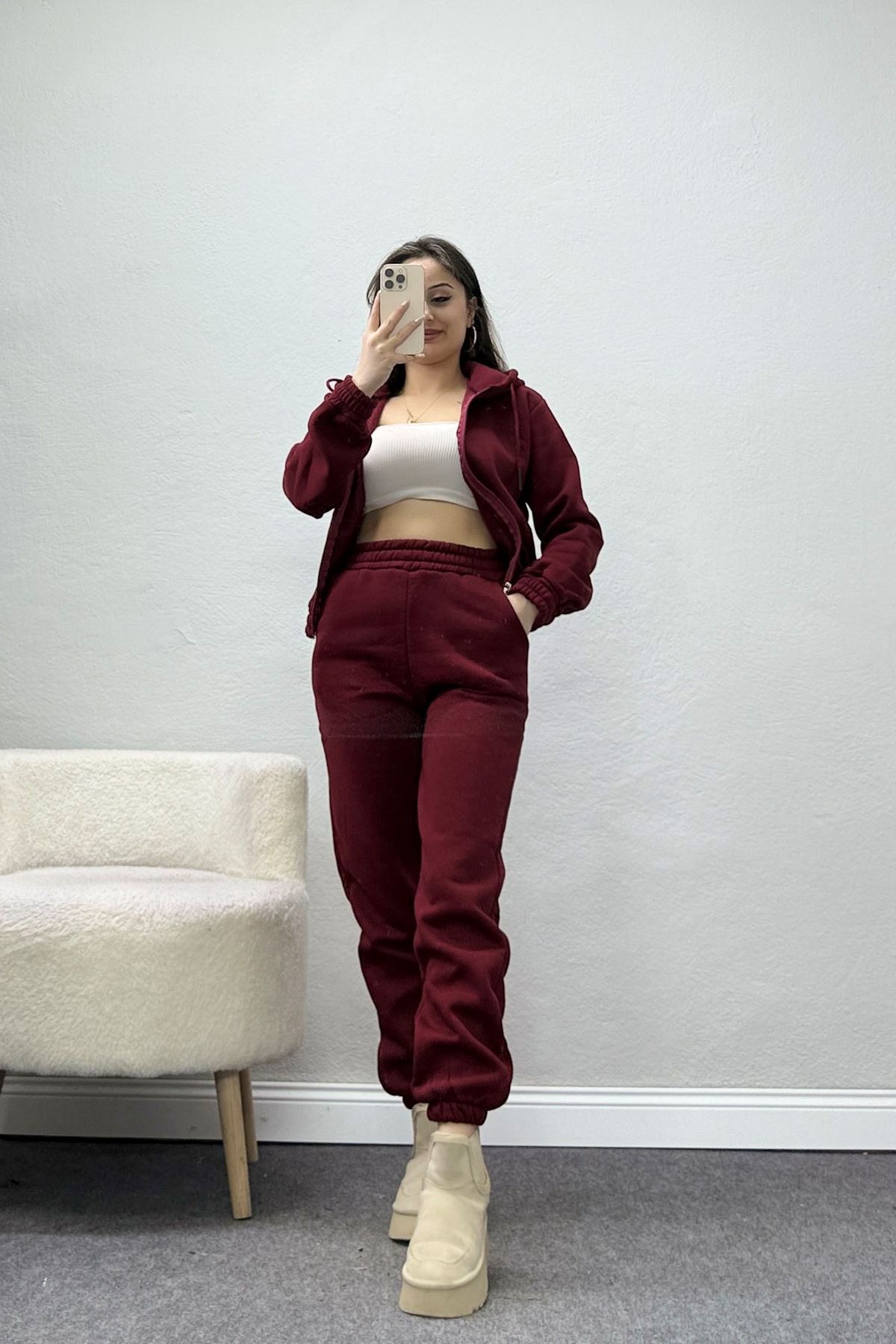 3 İplik Crop Eşofman Takımı Bordo - 50913.1878.