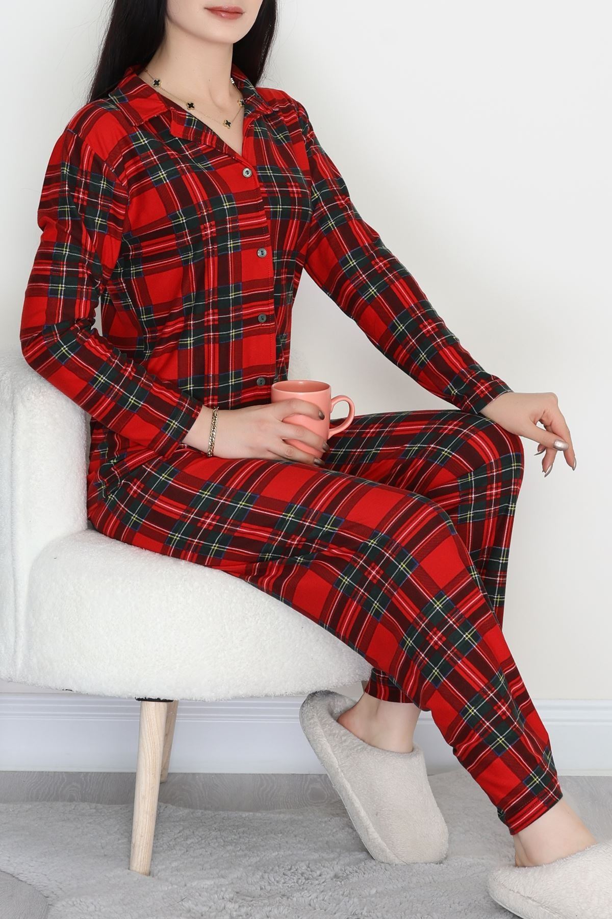 Düğmeli Süet Pijama Takımı Kırmızıyeşil - 450.1287.