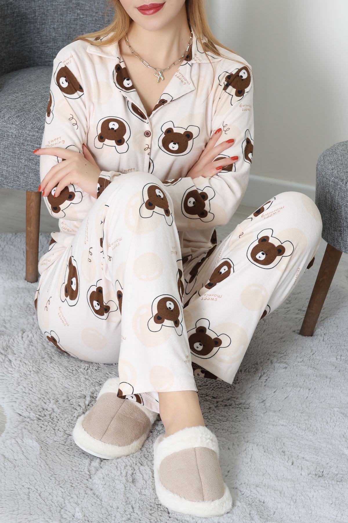 Düğmeli Süet Takım Koyukahvebej - 450.1287.