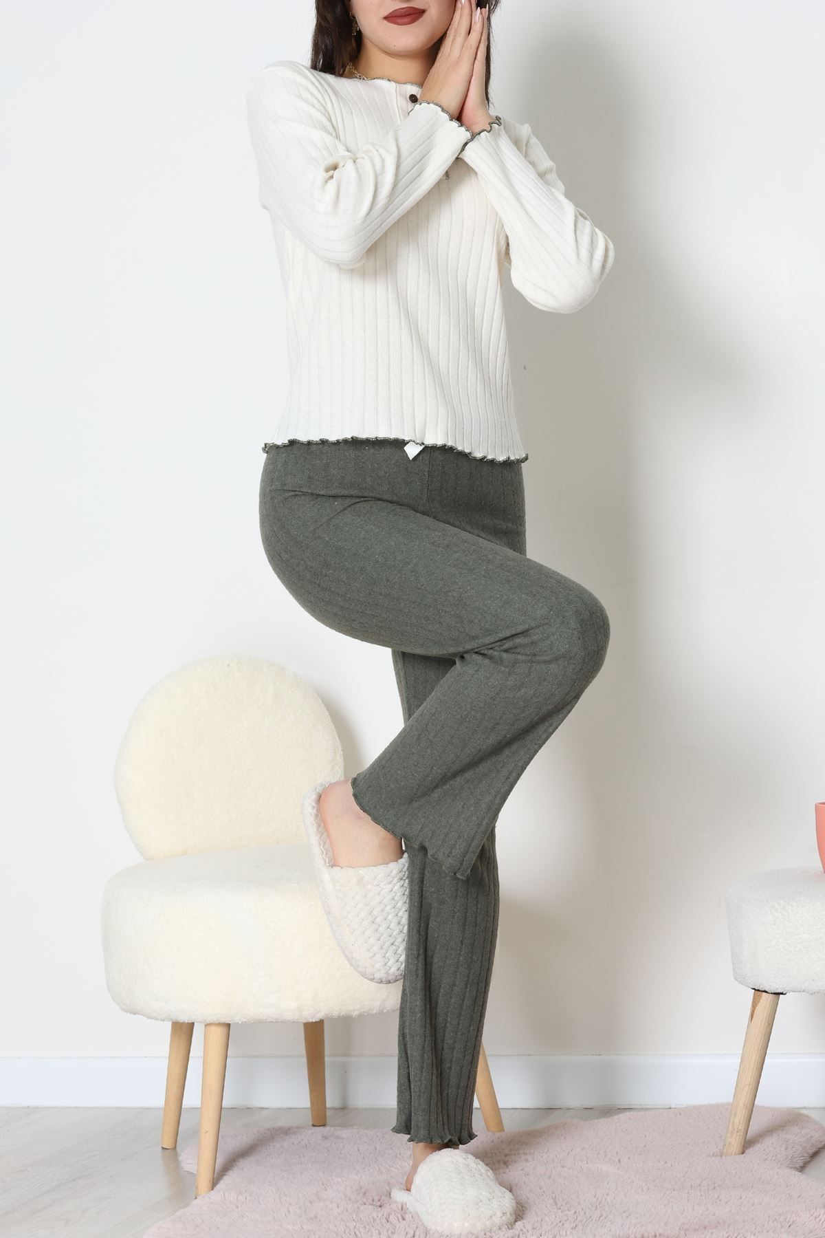 Fitilli İnterlok Pijama Takımı Haki - 52191.1961.