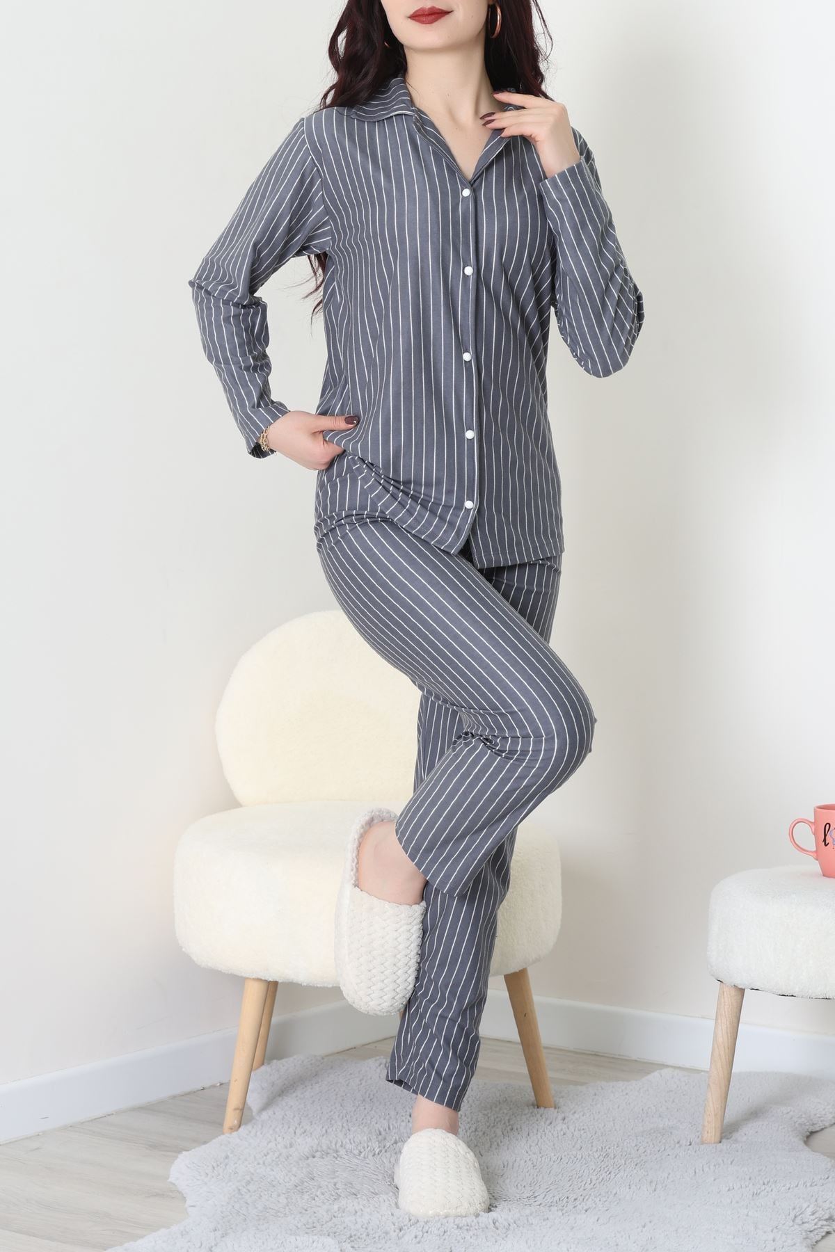 Süet Düğmeli Pijama Takımı Füme - 52179.2124.